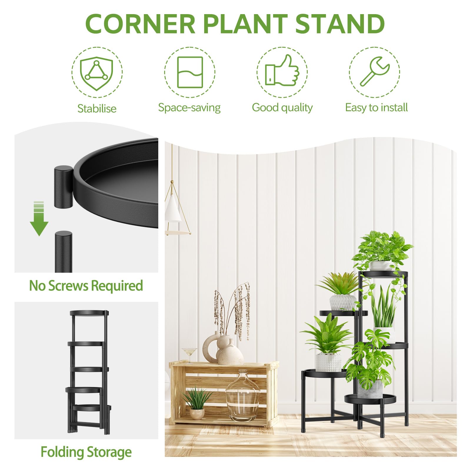 Étagère Métallique 5 Niveaux Design Moderne pour Plantes - Pliable, Résistante & Style Industriel - Idéale Salon, Balcon ou Jardin - Noir - 8