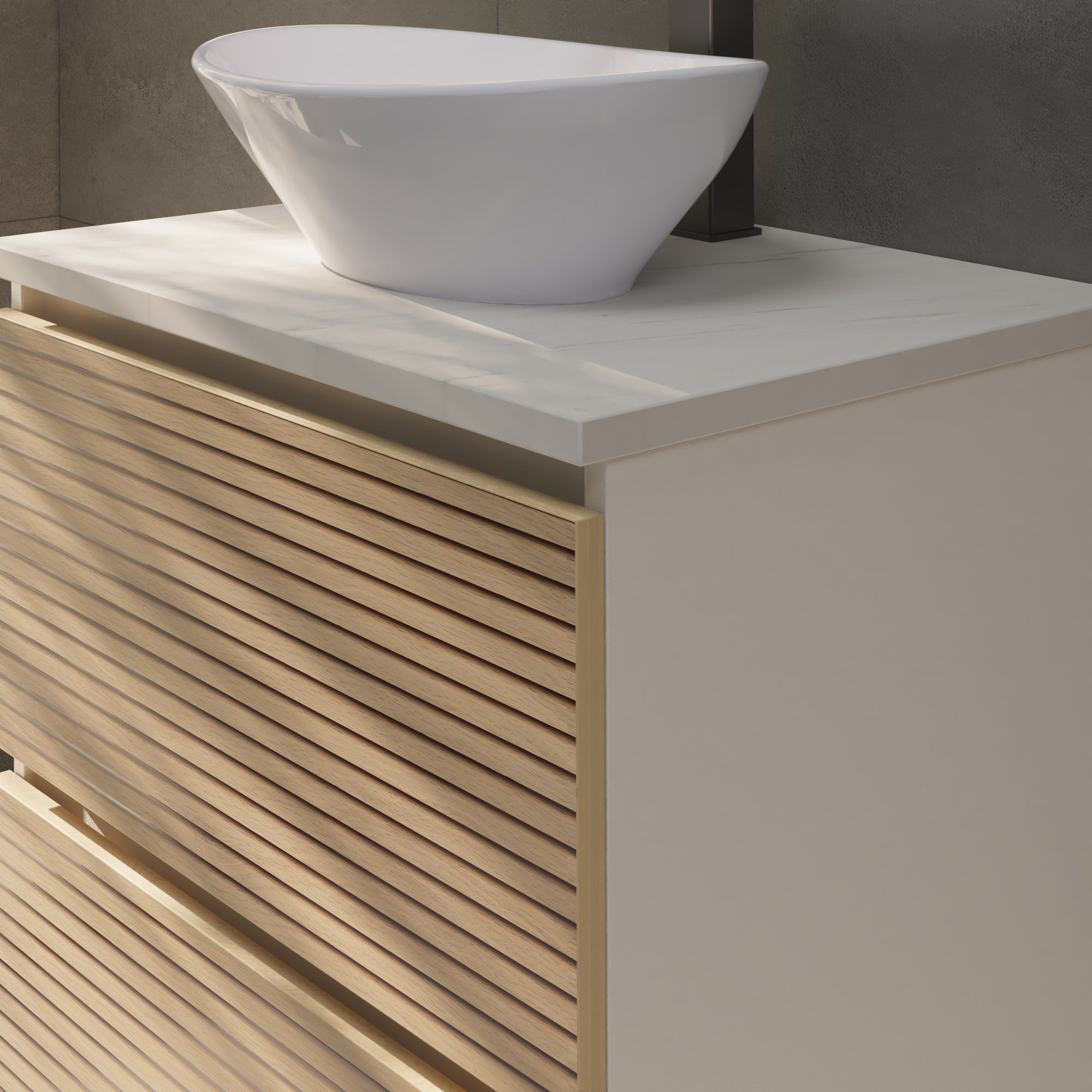 CONJUNTO DE BAÑO YINU | 60 CM BLANCO - SOLOMON | DOS CAJONES | LAVABO SOBRE ENCIMERA | NO INCLUYE ESPEJO | ALDAY - 3