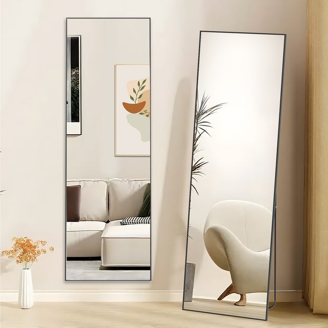 Specchio a figura intera, 162 x 52 cm, specchio autoportante con supporto, specchio quadrato a figura intera, nero, autoportante o inclinabile.