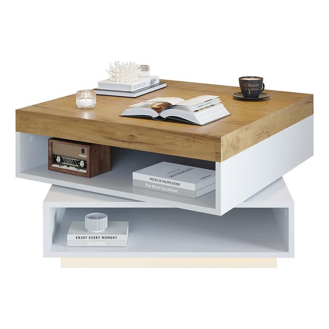 Table basse carrée pivotante à 360°, avec éclairage LED et espace de rangement ouvert, blanc et bois