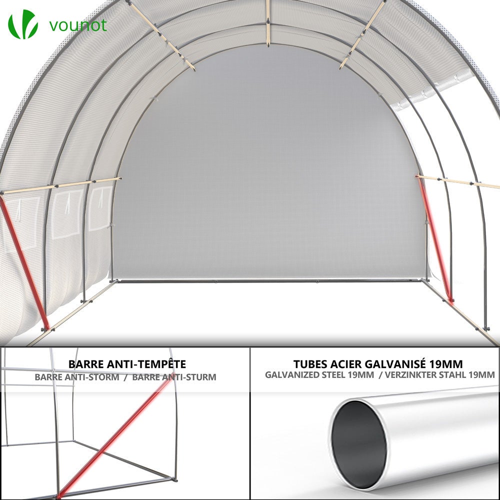 Serre de jardin tunnel Toute Saison 9m² - fenêtres et portes latérales zippées enroulables, barre anti-tempête - VOUNOT® - 7