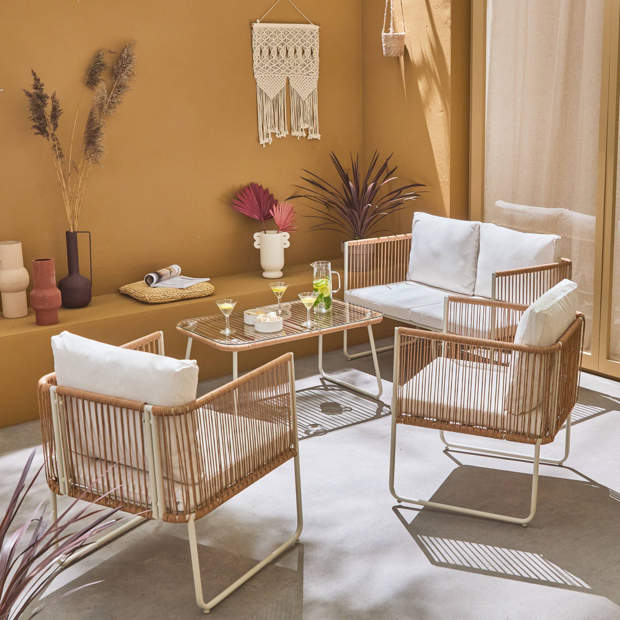 Conjunto de jardín, ratán y acero, 4 plazas Natural - 115x60x68 cm - 3