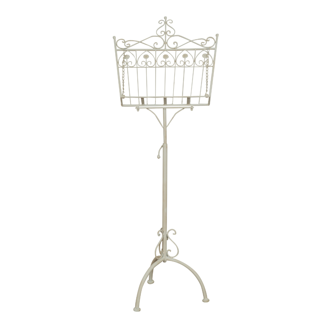 BISCOTTINI Pupitre de Musique Pliable en Fer Forgé - Chevalet Présentoir Publicitaire, Finition Blanche Antique - Porte-Menu, 46x32x139cm - 4