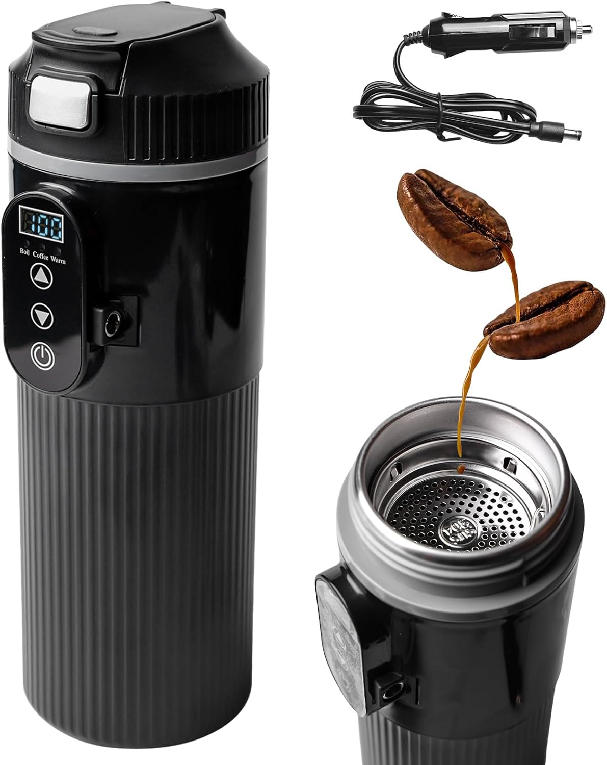 Czajnik elektryczny samochodowy 12V/24V 500ml z ekranem LCD, czajnik turystyczny z wtyczką do zapalniczki 12V