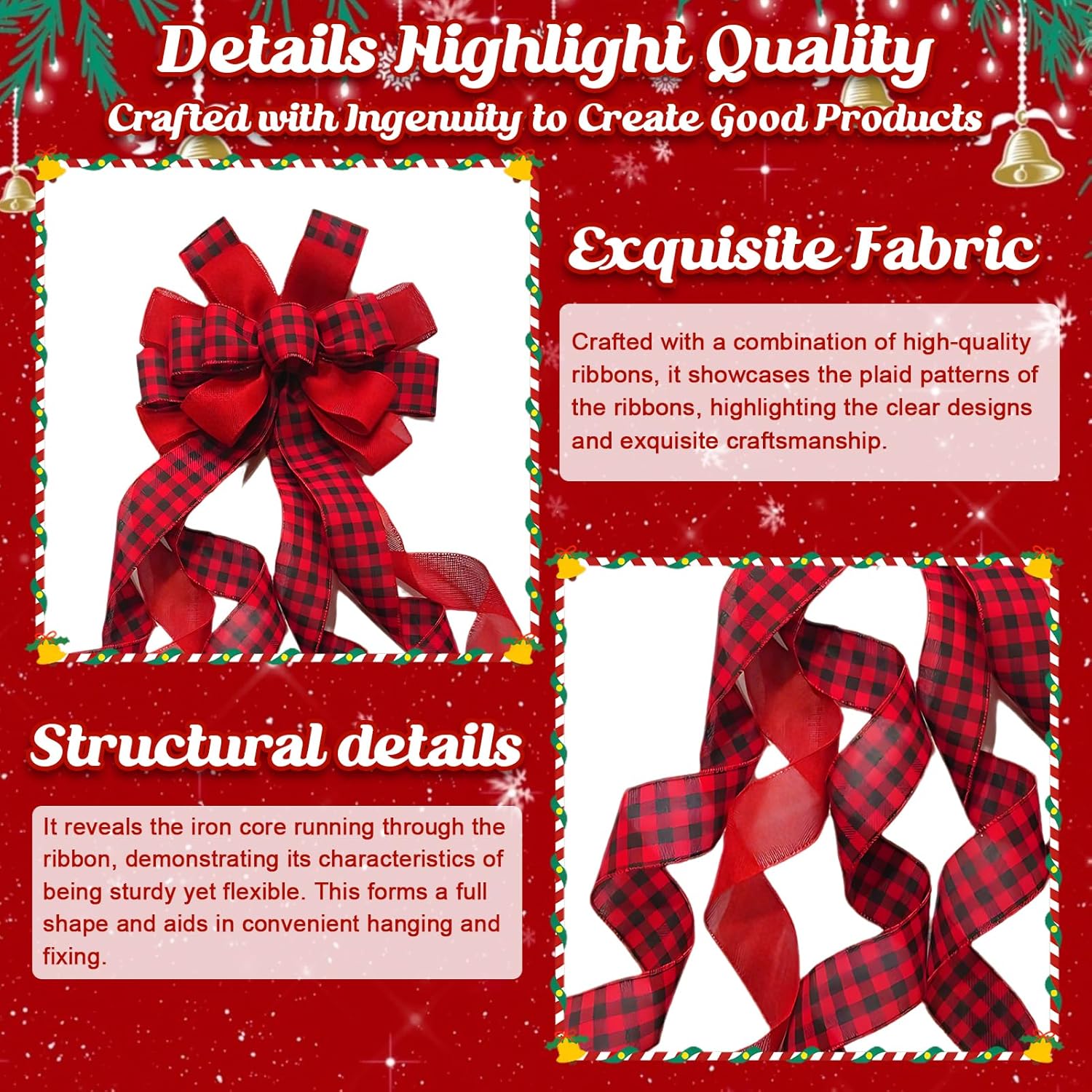 Fiocco di Natale rosso da 113 cm, fiocco regalo grande, fiocco per albero di Natale, fiocco di Natale grande a scacchi rossi e neri per alberi di Nata - 3