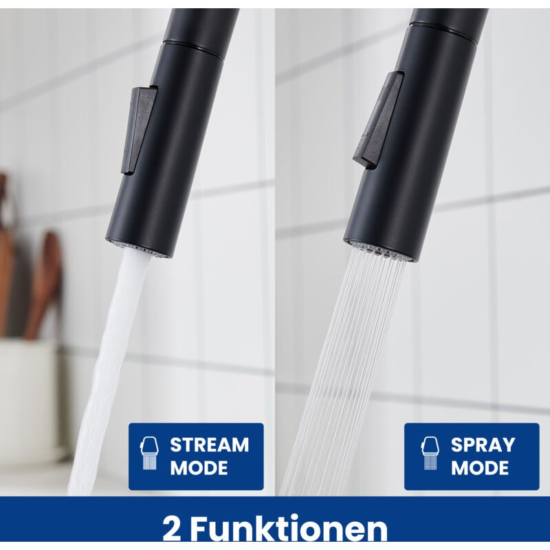 Mitigeur de Cuisine Noir avec Douchette Extractible 360° - Robinet Évier Acier Inoxydable 2 Modes d'Eau - Mitigeur Cuisine Moderne et Fonctionnel - 4