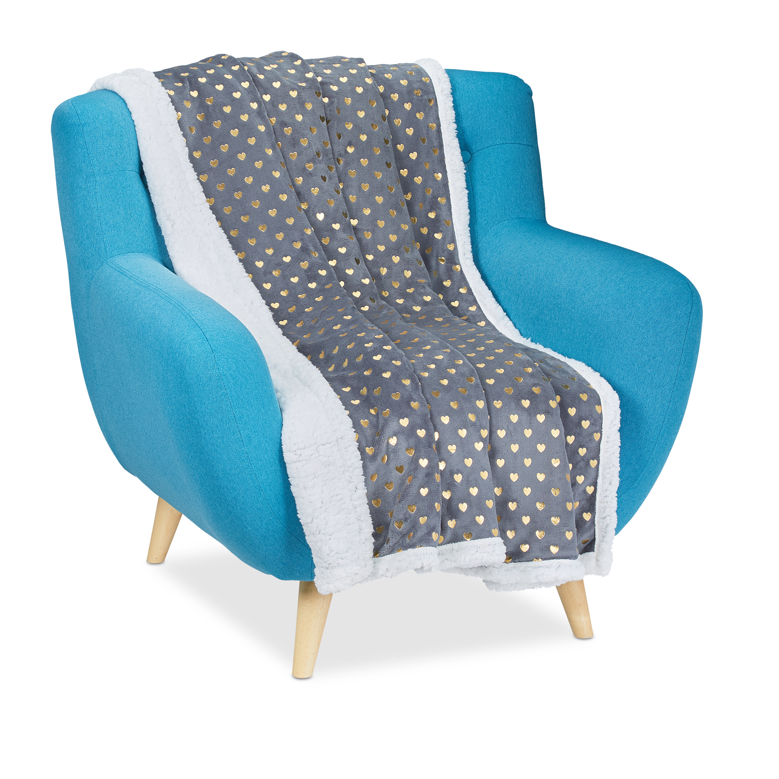 Relaxdays manta sofá, pelo suave, colcha, cobertor sillón, corazones dorados, poliéster, 1 ud, 150 x 200 cm, gris-blanco