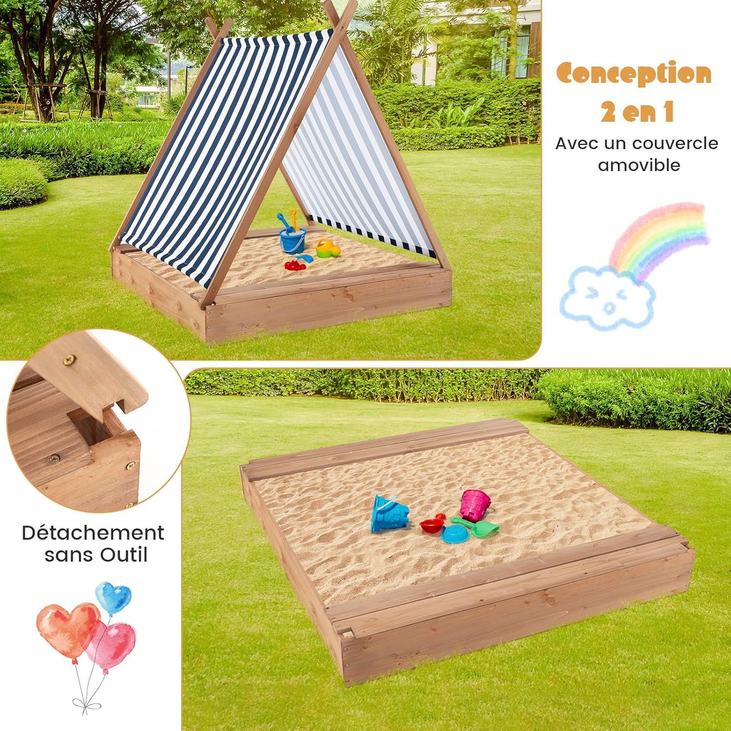 Arenero Infantil con Tapa, Arenero Niños Exterior de Madera de