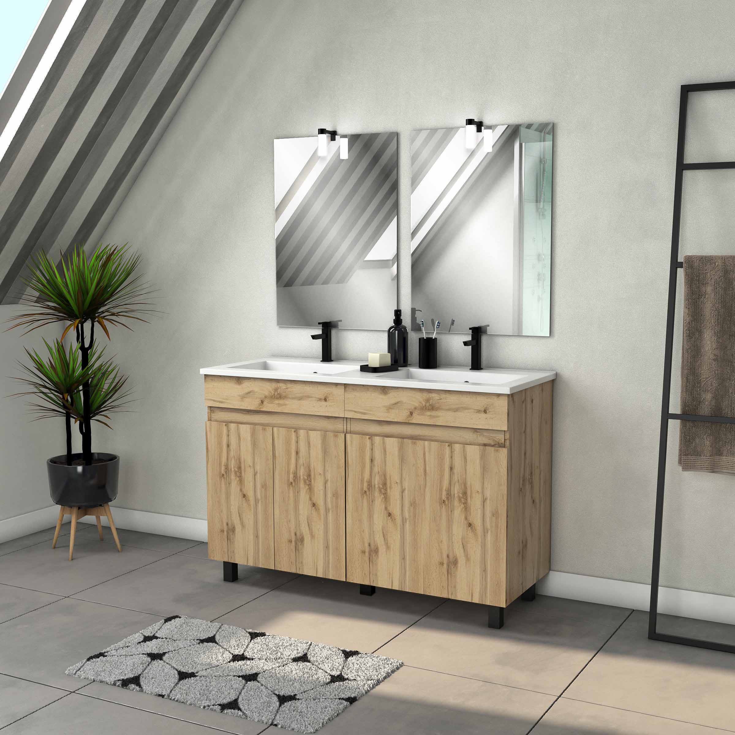 Mueble baño 120cm 4 puertas roble natural + lavabo + espejos led