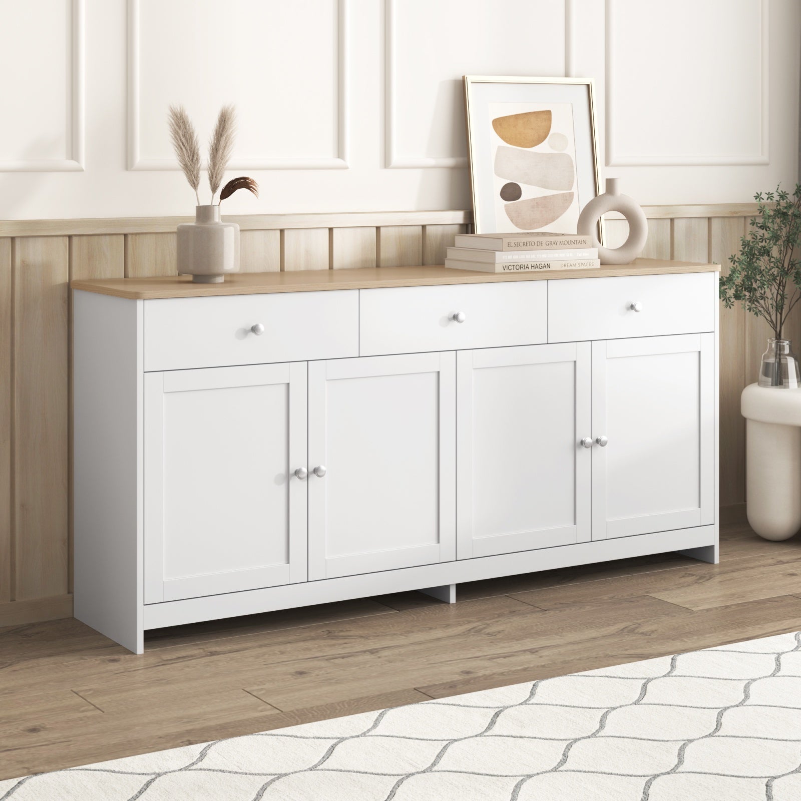 Buffet Bahut 160x37x75cm - Style Campagne Moderne avec 4 Portes et 3 Tiroirs - Plateau Effet Chêne et Corps Blanc - 7