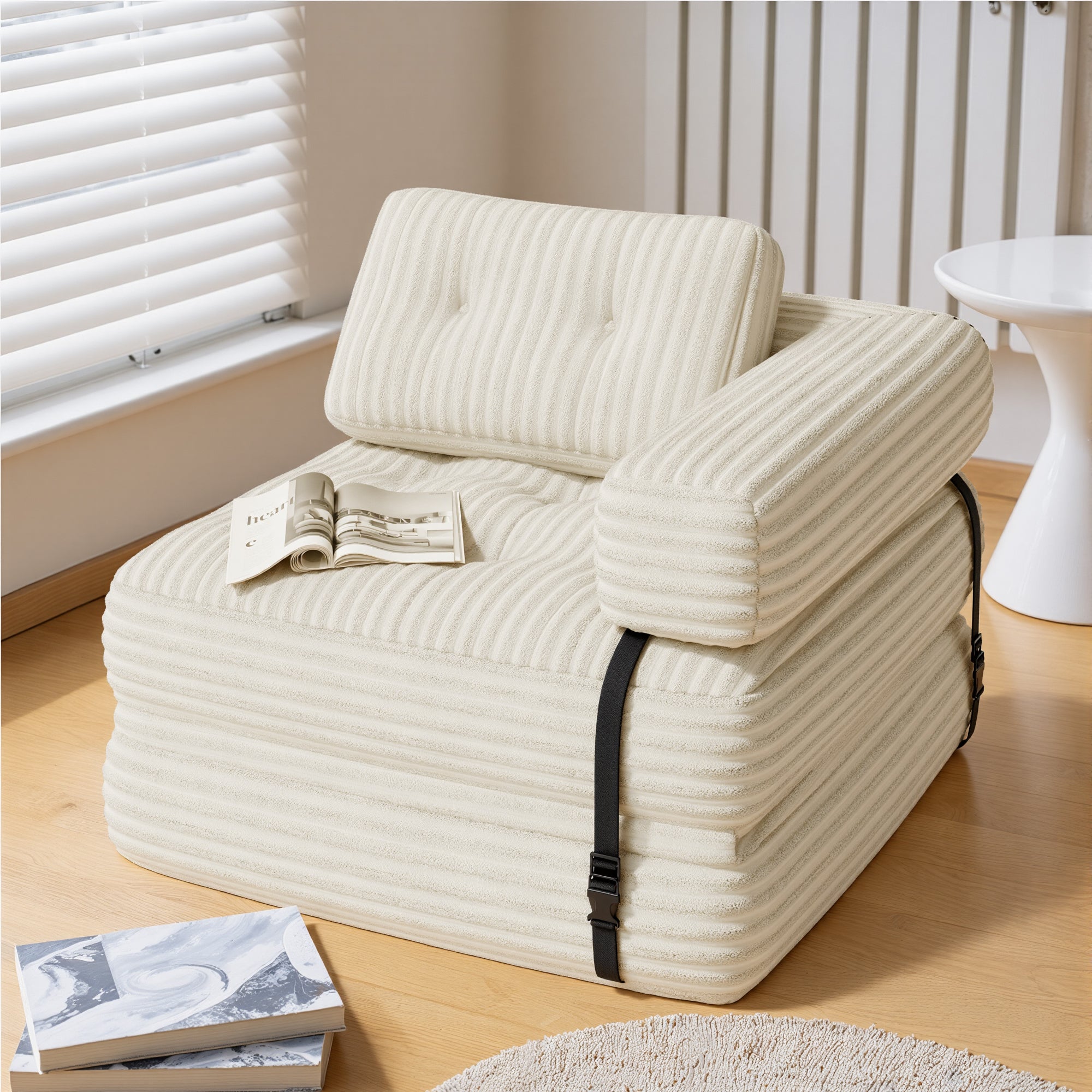 Bealife Sofá Conversível Poltrona-Cama Individual em L Branco Veludo Cotelado Travesseiro Longo 85 x 85 cm - 8