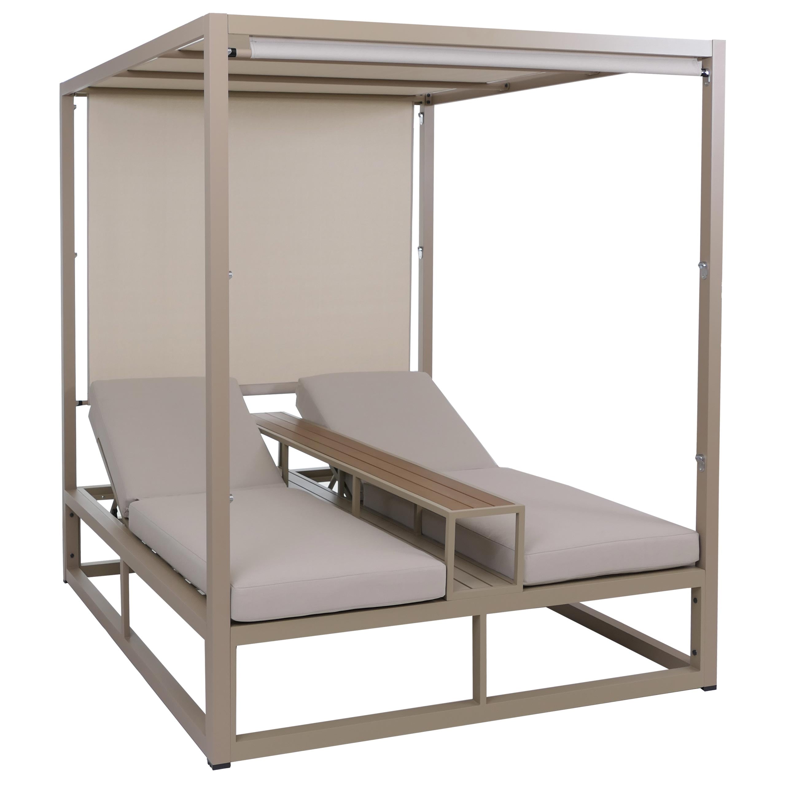Aluminiowy leżak ogrodowy HWC-P81, leżak typu daybed, tapicerka 10 cm, 220 g/m², 196 x 165 x 196 cm ~ beżowy, tapicerka beżowa