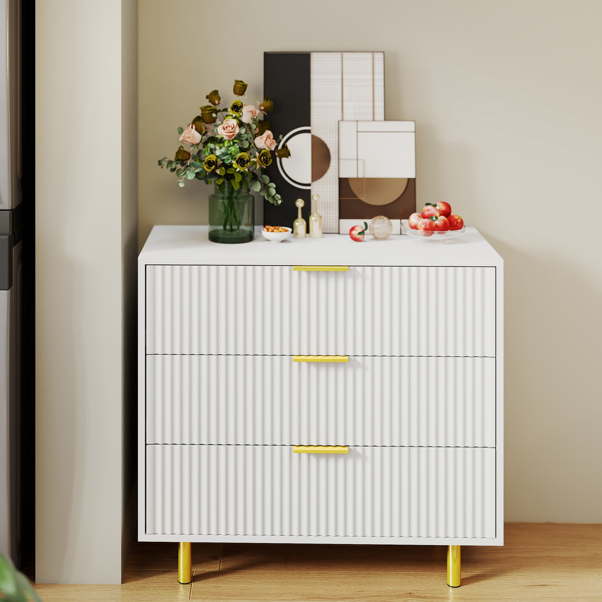Cómoda blanca y dorada 72×80×40 cm, 3 cajones, diseño moderno. ideal como aparador y armario de almacenamiento.