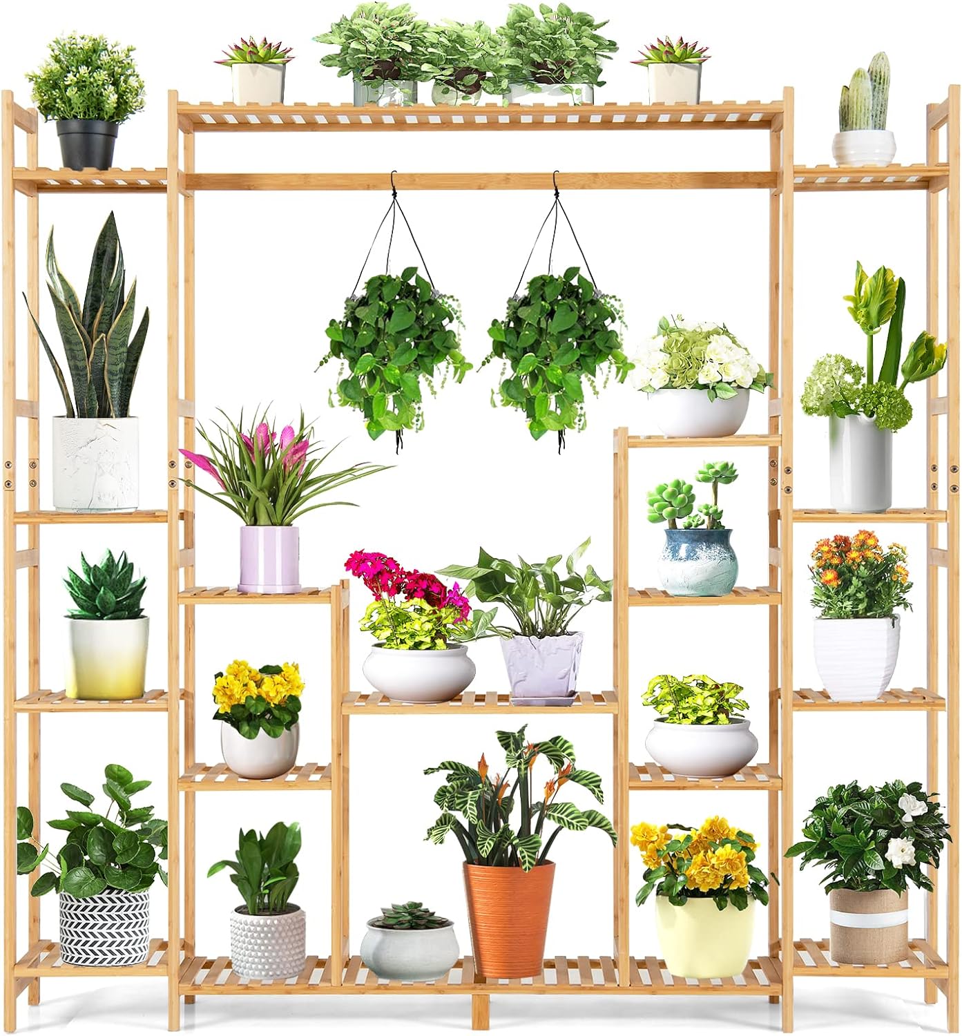Scaffale Per Piante In Bambù A 9 Livelli Con Barra Per Appendere Supporto Per Piante Naturale 167x30x166cm - Foto 12