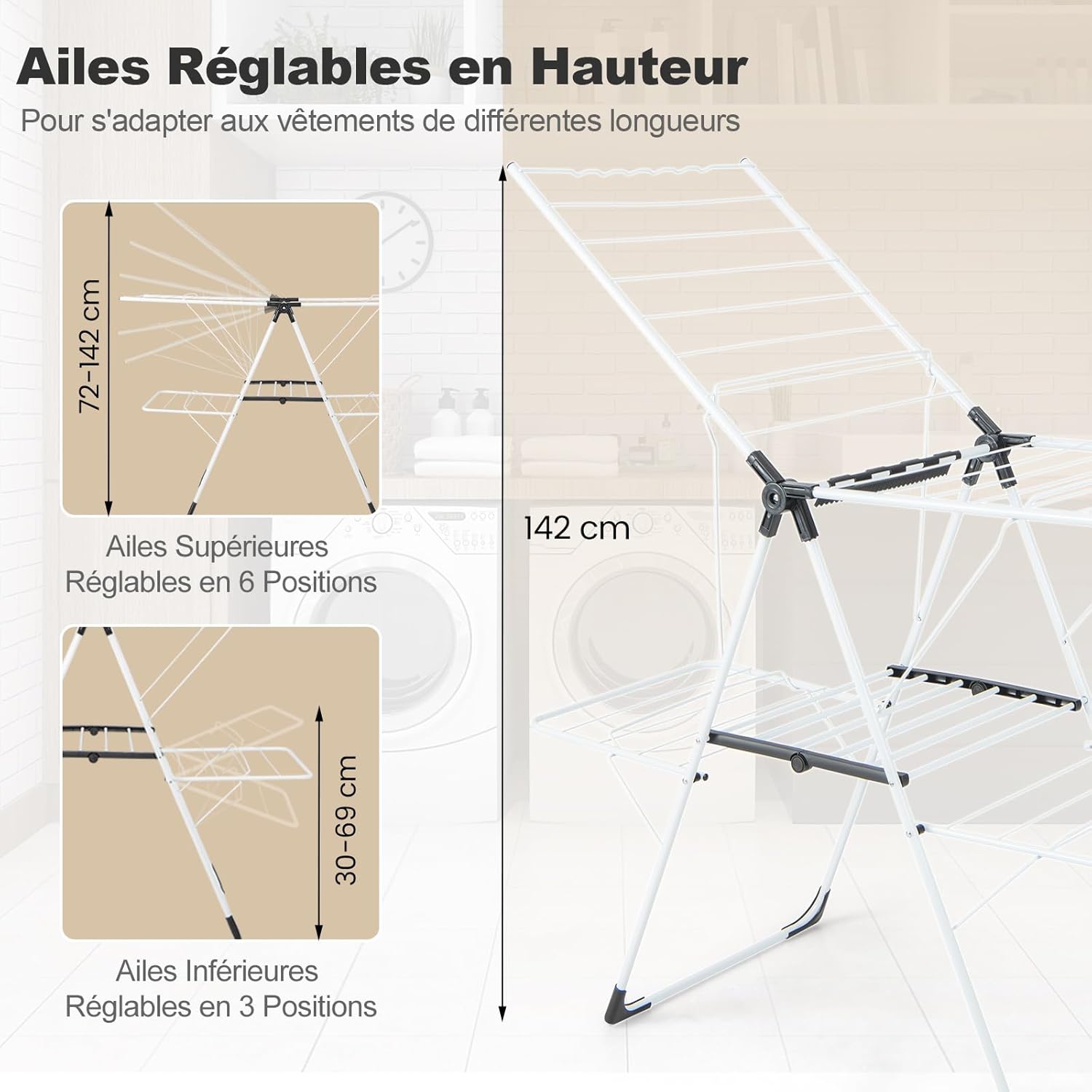 Etendoir Linge Interieur Pliable, Sechoir a Linge 2 Niveaux en Métal, 33 Barres, 4 Ailes Réglables, Pinces à Chaussettes, Intérieur Extérieur - 5