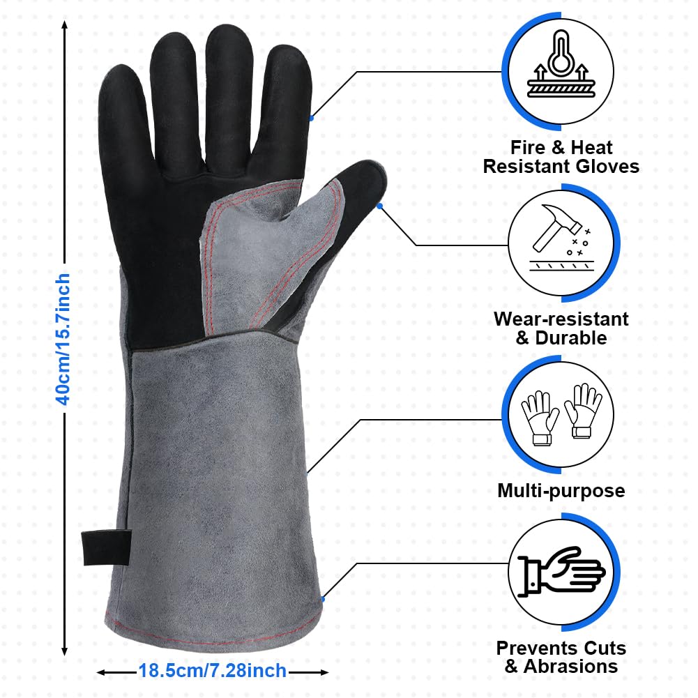 Gants de Barbecue en Cuir, Four Anti Chaleur, Soudage Épaississement, Résistant au Feu et à la pour Le Barbecue, Four, Soudure, Cheminée, Jardinage - 2