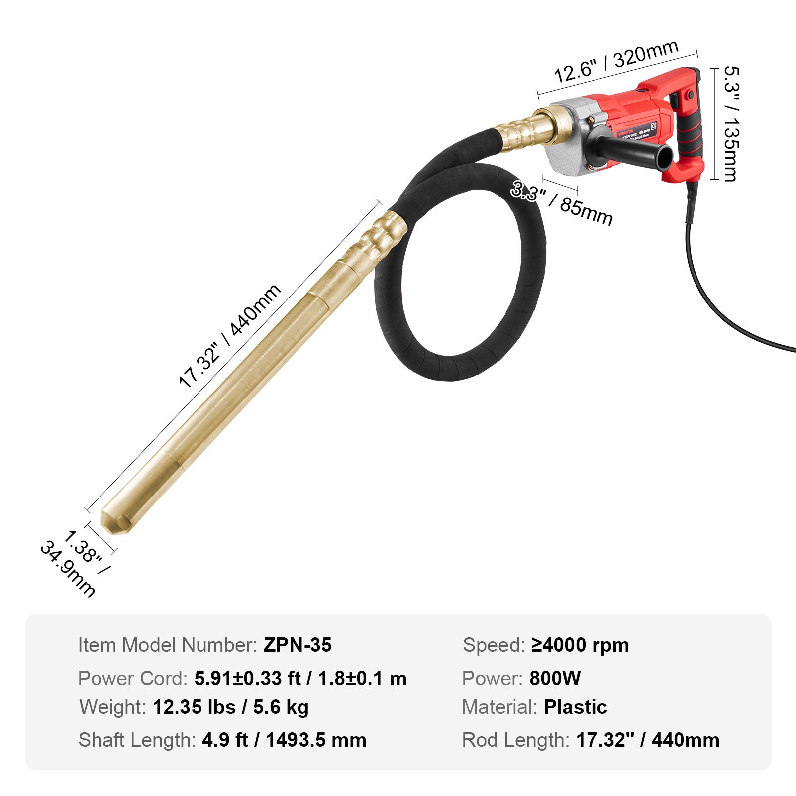 vibrateur à béton portatif SucceBuy 800 W,4000 tr/min,tige de 1,5 m,outil pour éliminer les bulles d'air et mélanger le béton - 9
