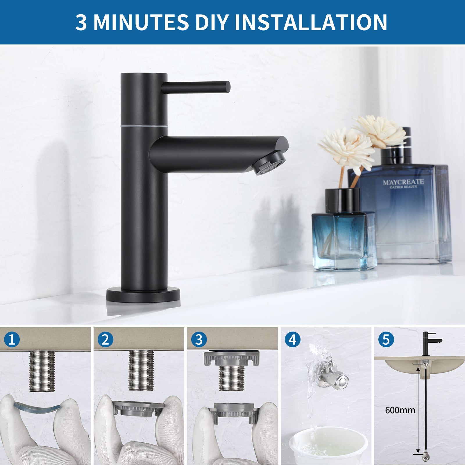 Cecipa max Robinet de lave-main Robinet de Lavabo, Robinet eau Froide, Robinet de Lavabo Noir, Avec Aérateur Remplaçable,EU Modèle - 8