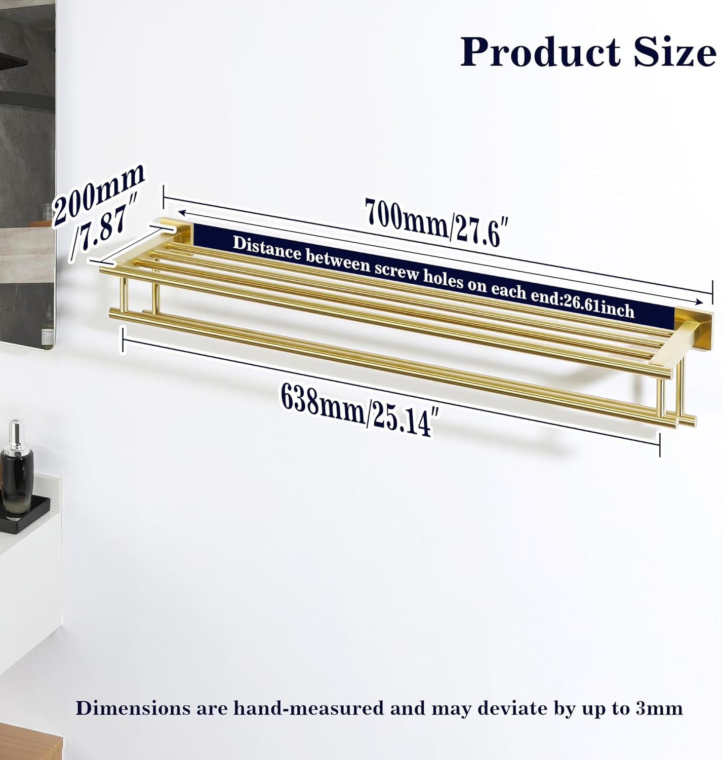 Porte-serviettes, porte-serviettes avec porte-serviettes double, support tour mural pour salle de bain et WC, doré 70 cm - 5