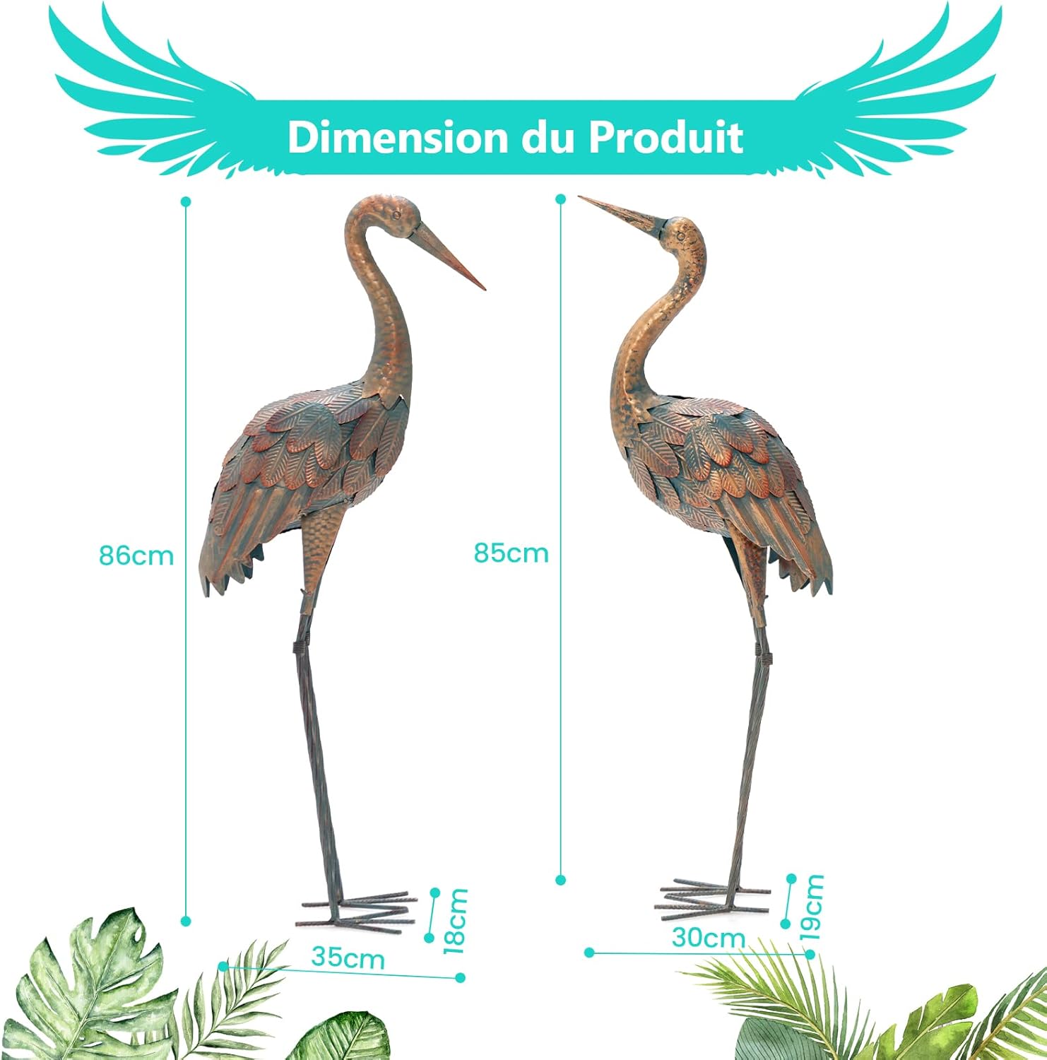 Statue de Grue Debout Lot de 2 pour Jardin Cadre en Métal Imperméable, Sculptures Extérieure Plumes de Couleur Dégradée Animaux Realiste - 4
