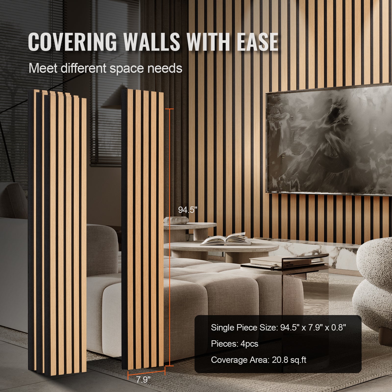 Panneaux Acoustiques VEVOR en Bois 2400 x 200 mm, Lamelles MDF, Imitation Chêne Clair pour Mur Moderne, Décoration & Réduction du Bruit - 6