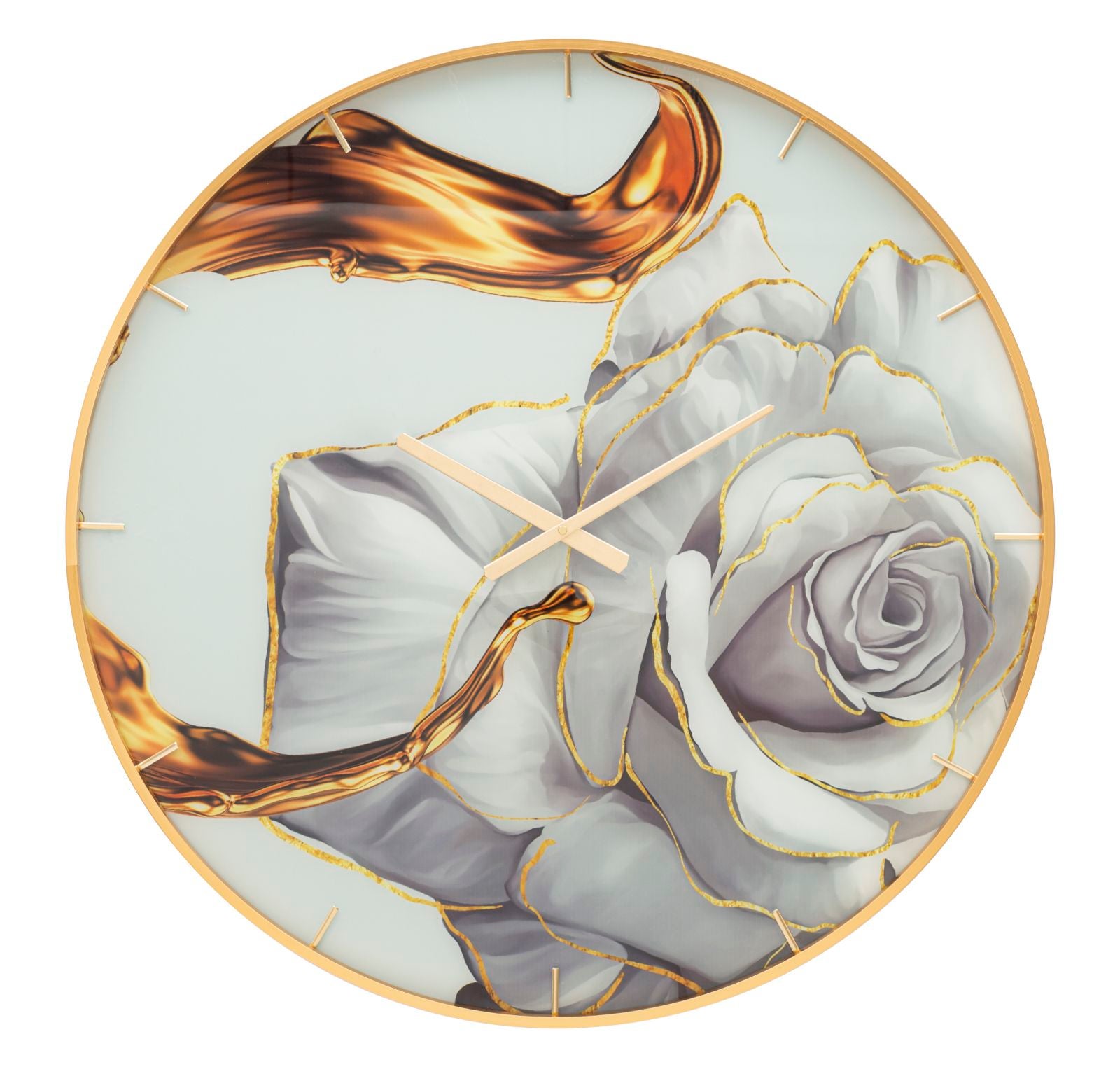 Ceas de perete Glam Rose Ø 80 cm din sticla, MDF si metal cu rama aurie si cadran floral - rotund, design decorativ
