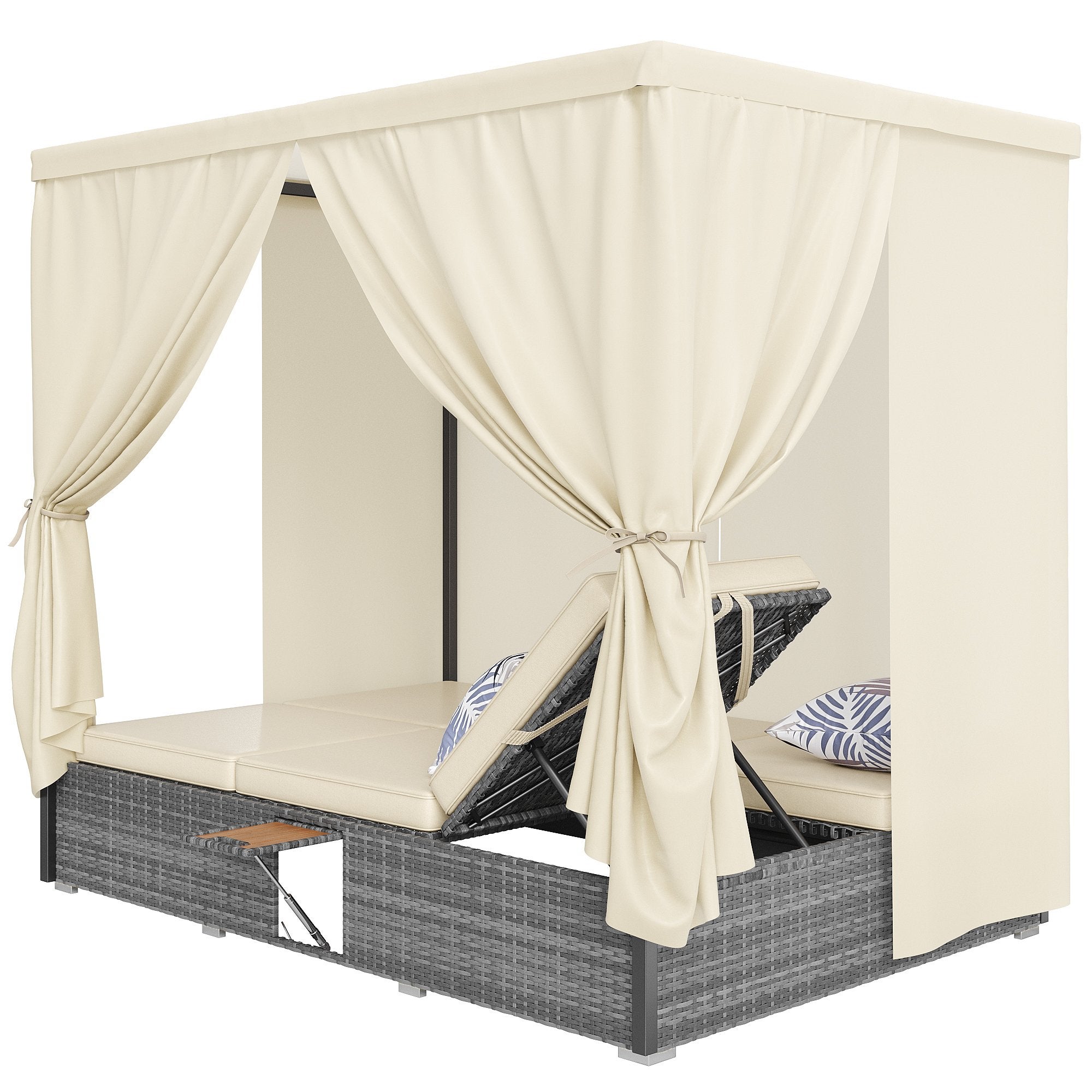 Chaise longue de jardin lit double avec parasol, chaise longue en rotin, coussins et table pliante avec coussins crème - 6