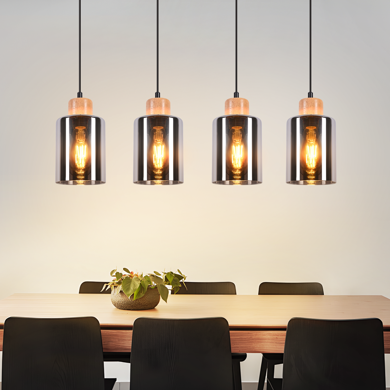 ZMH Drewniana lampa wisząca w stylu vintage, industrialna, 60 cm długości, 4 żarówki E27