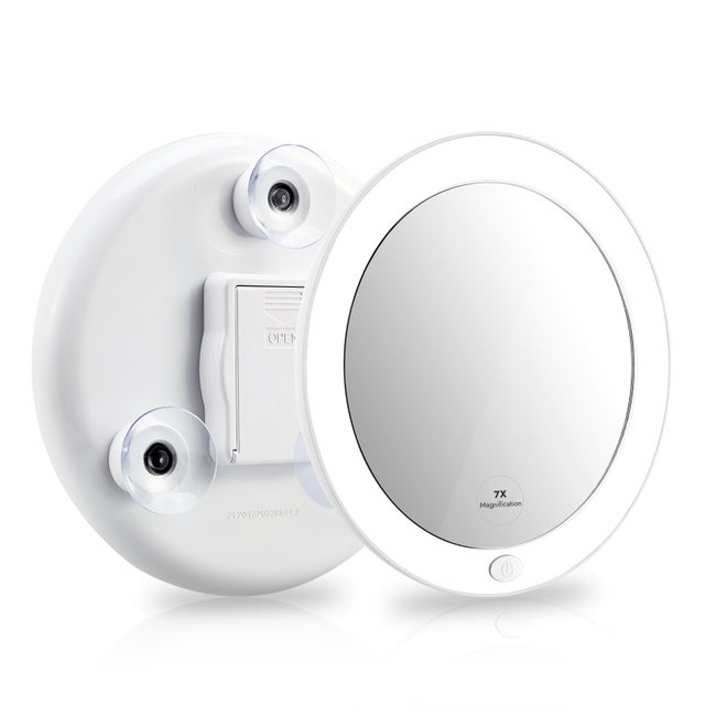 EMKE Lusterko do makijażu – 7x powiększenie – z przyssawką i oświetleniem – białe – 16,5 cm