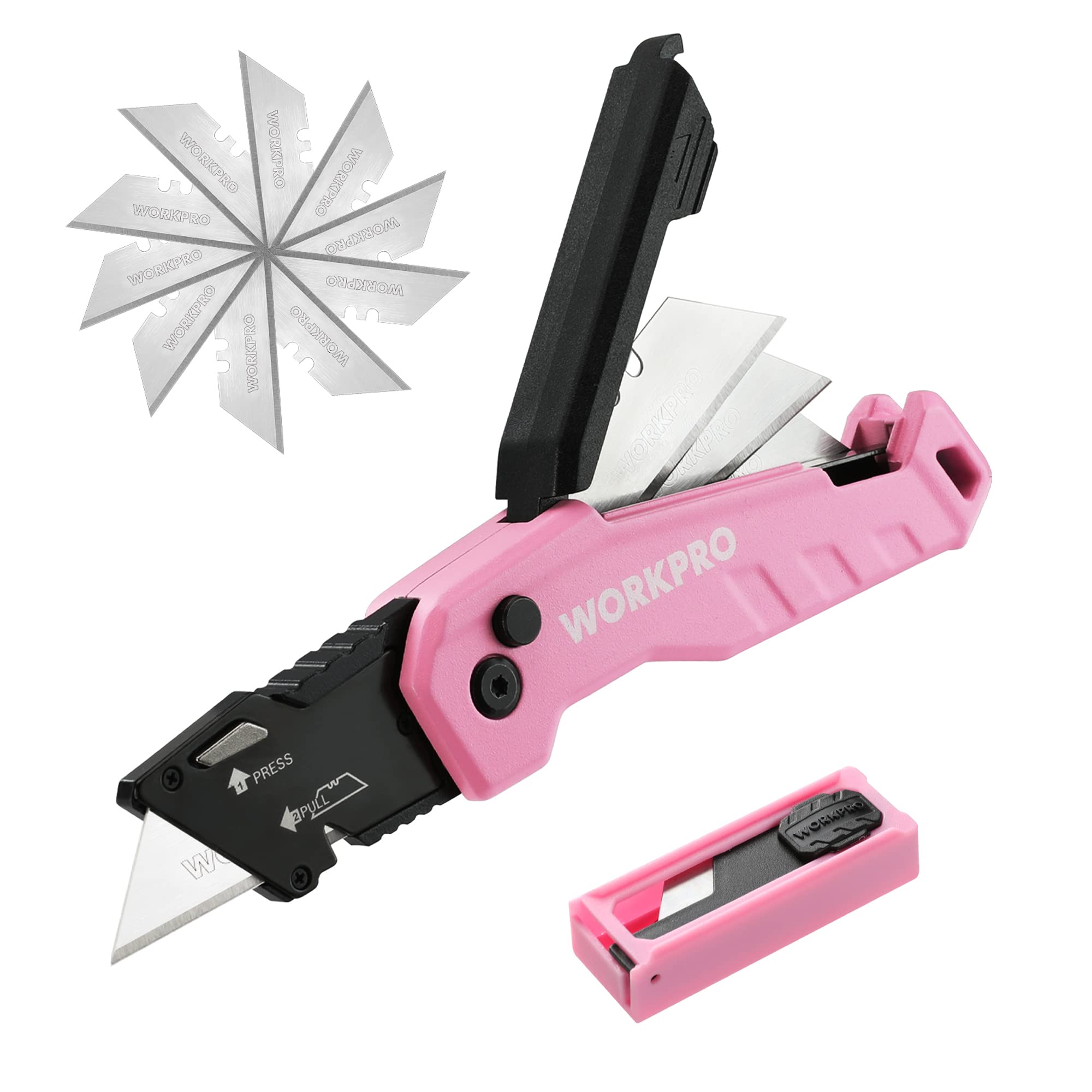 WORKPRO Coltello Taglierino Di Sicurezza Retrattile | Con 10 Lame SK5 Di Ricambio A Cambio Rapido | Impugnatura Ergonomica In Alluminio 158 Mm