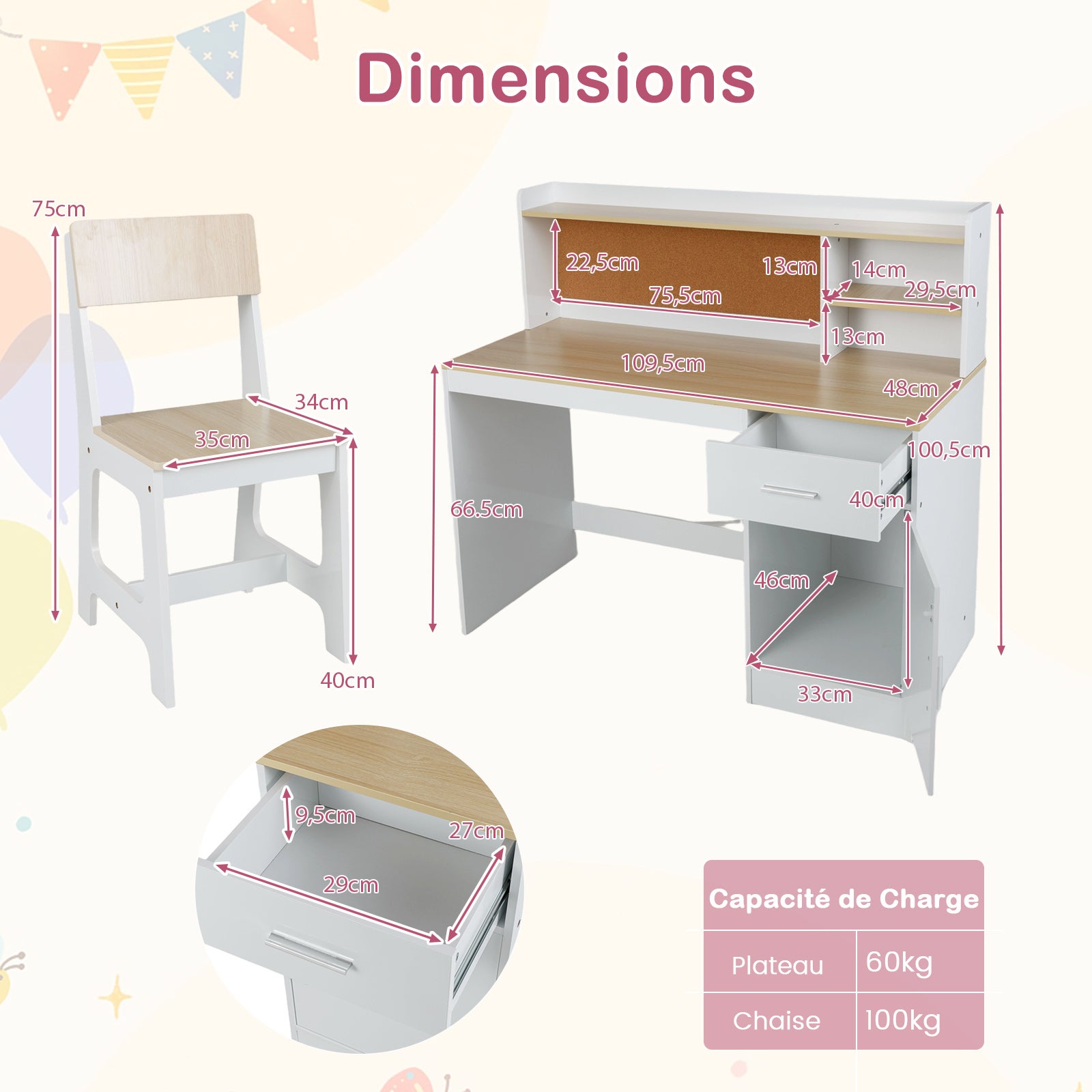 Bureau et Chaise d'Étude pour Enfants 3 Ans+, Table d'Écriture avec Étagères, Tiroir, Armoire de Rangement, pour Chambre, École, Naturel - 2