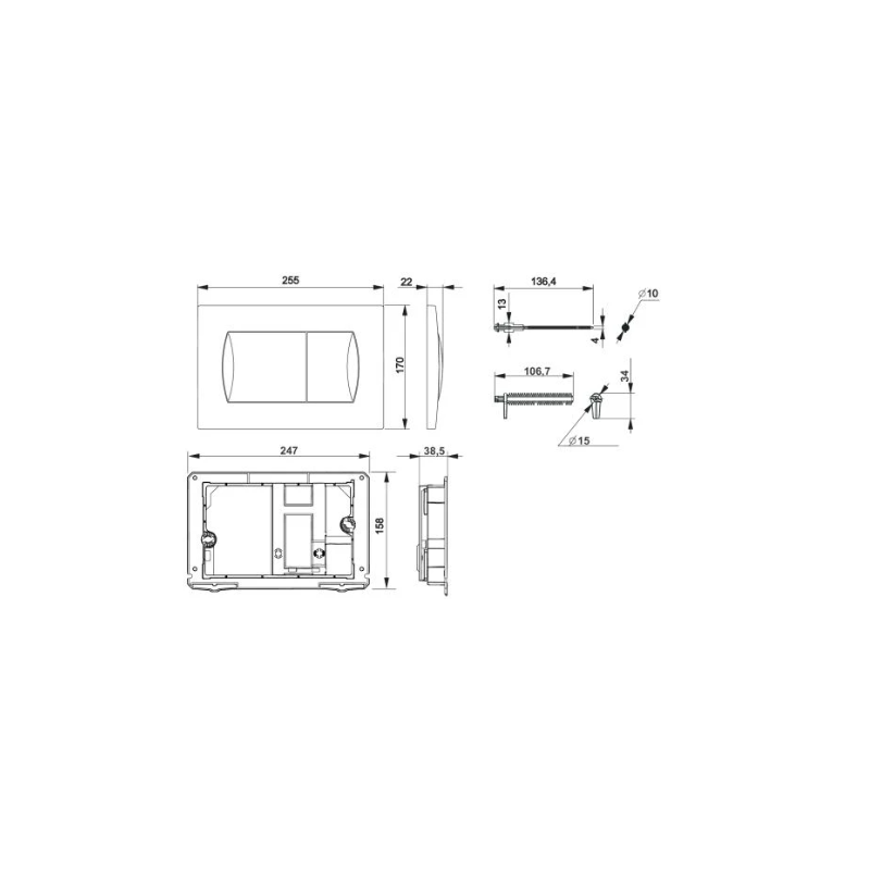 BÂTI SUPPORT ROCA ACTIVE PACK CITERNE ENCASTRÉE ET BOUTON NOIR MAT AVEC LE TOILETTE SUSPENDU ROUND SMART 52CM TOR 3 SIÈGE FIN - 7