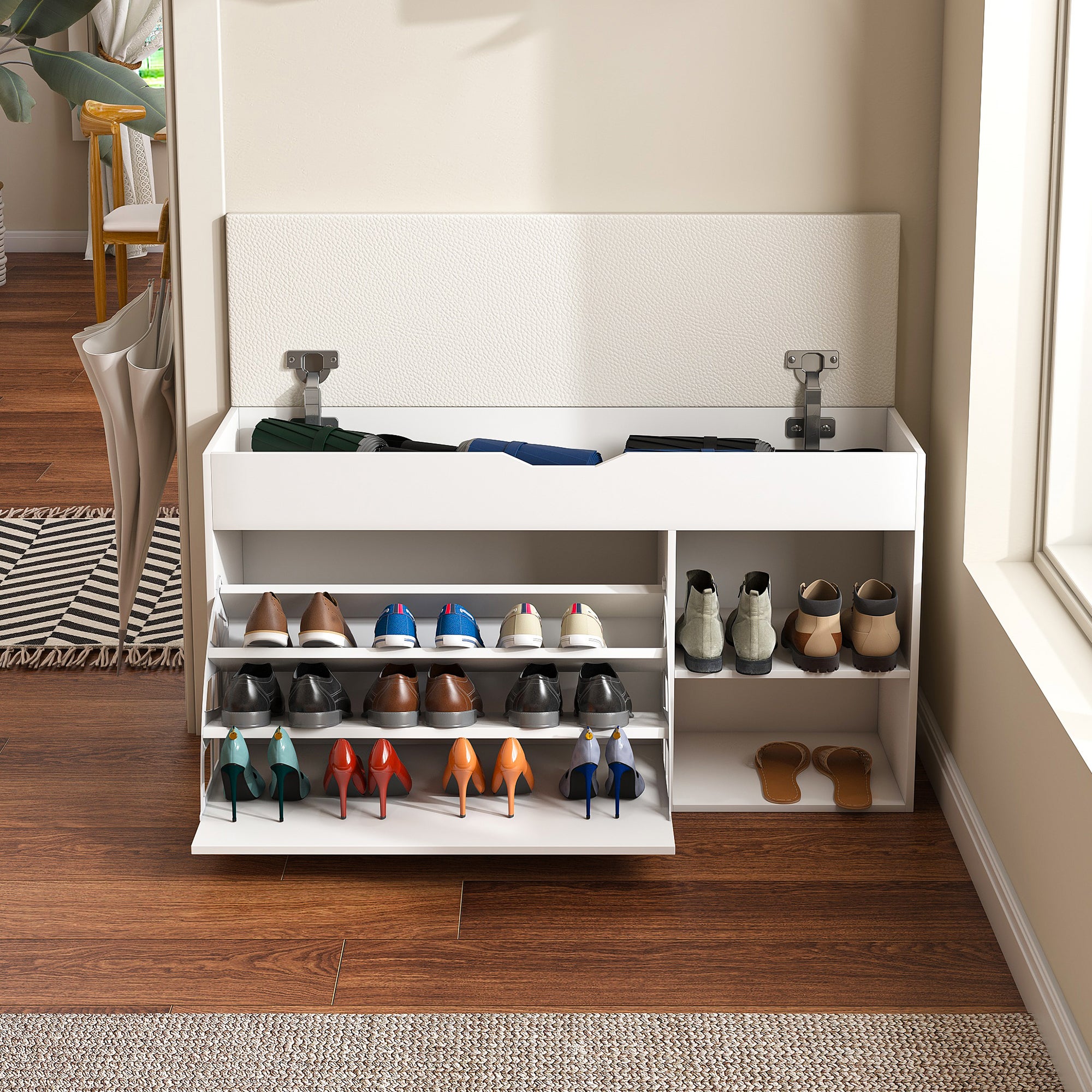 Banc à chaussures 100x30x52 cm, rangement avec couvercle rabattable, MDF blanc - 9