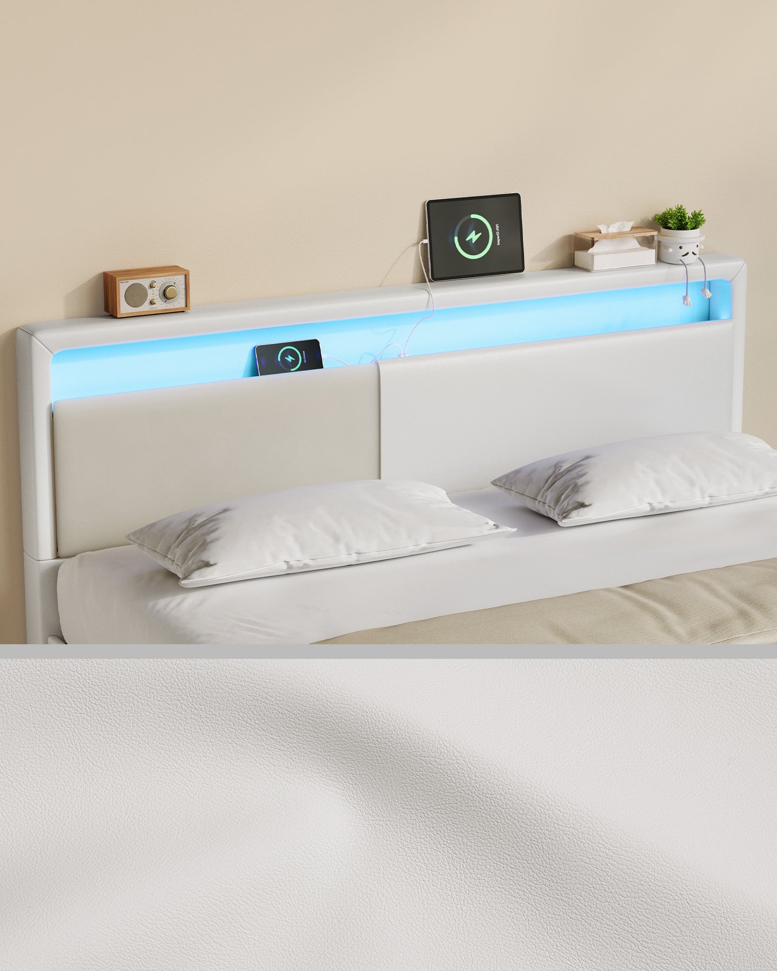 Lit Double, Cadre de Lit, 160 x 200 cm, Lit Flottant, Lit avec Éclairage LED, Tête de Lit Haute, Multiprise, Style Moderne, Blanc Nuage - 6