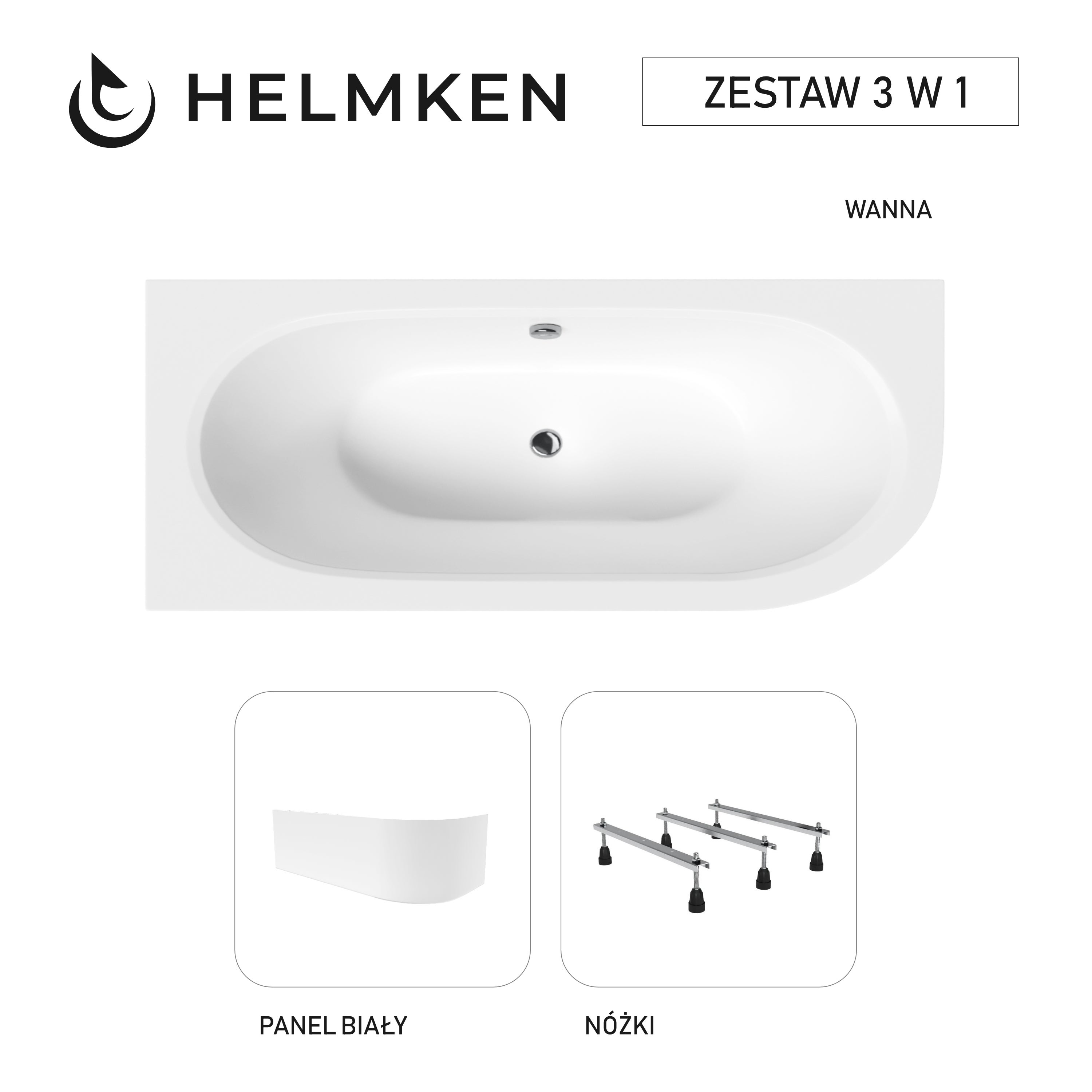 Wanna akrylowa Helmken Marbella Lux 150 x 75 Lewa + Panel biały + Nóżki / 23092002Z