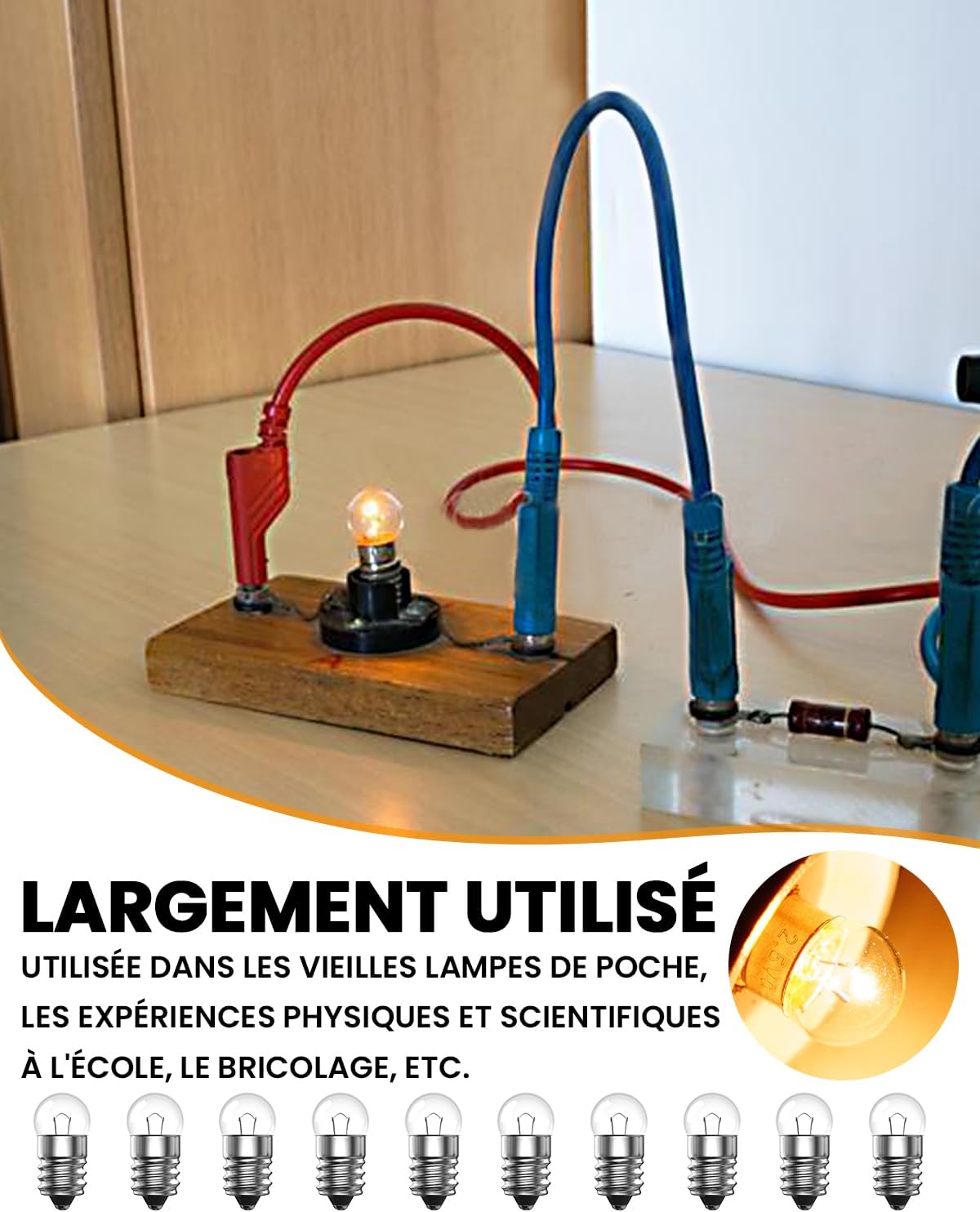 Lot de 10 Mini Ampoules E10 2,5V 0,5A, 1W Miniature à Culot à Vis Blanc Chaude pour Expérience Physique électrique et Lampe de Poche - 3