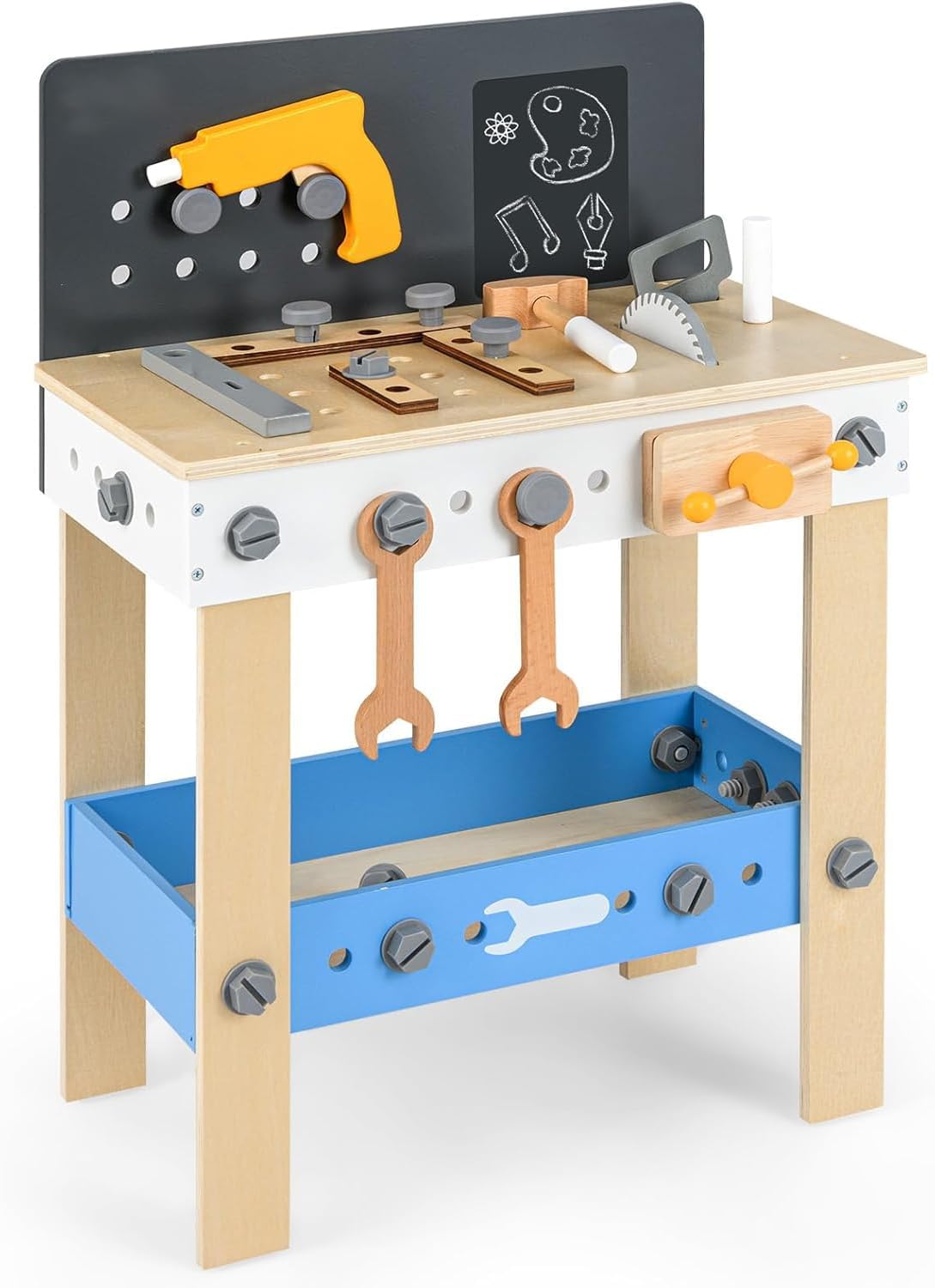 Drewniana Ławka Narzędziowa dla Dzieci, Stół Warsztatowy z Tablicą, 36 Akcesoriów, Praktyczna Perforowana Płyta i Duża Przestrzeń do Przechowywania