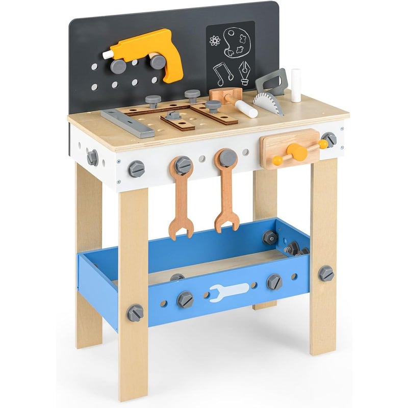 Drewniana Ławka Narzędziowa dla Dzieci, Stół Warsztatowy z Tablicą, 36 Akcesoriów, Praktyczna Perforowana Płyta i Duża Przestrzeń do Przechowywania