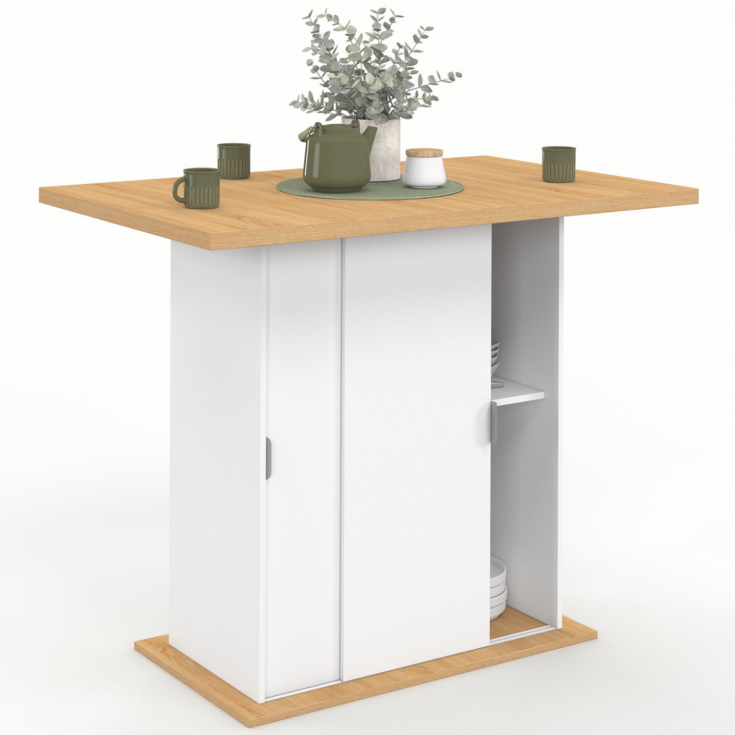 Ilot central 4 personnes PAXTON 110 cm pied central avec rangement bois blanc avec plan de travail façon hêtre - 2