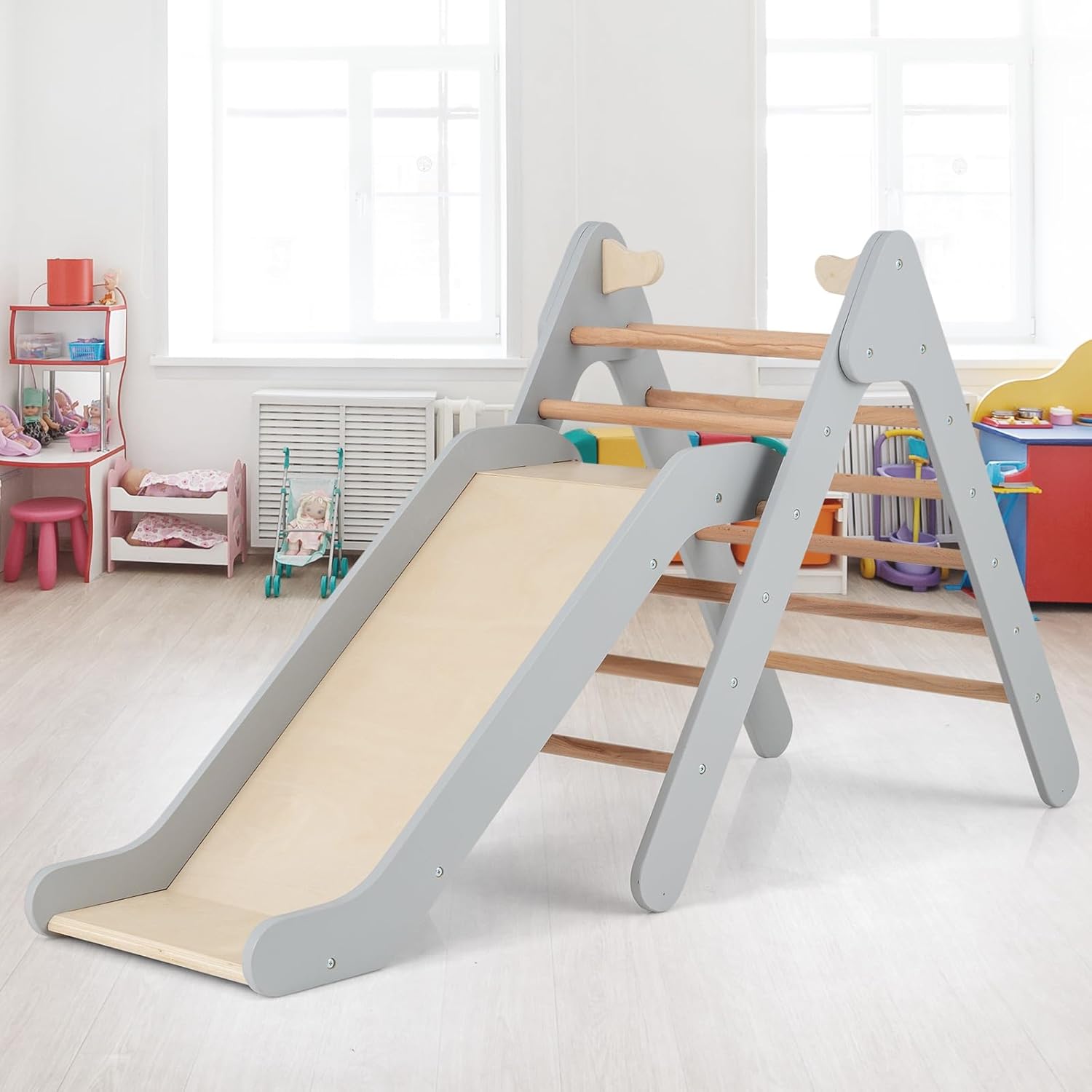 2 en 1 Triangle d'escalade Montessori Enfant avec Toboggan, Echelle d’Escalade en Bois avec Hauteur Réglable,Charge 60kg pour Enfants de 1 an+ - 7