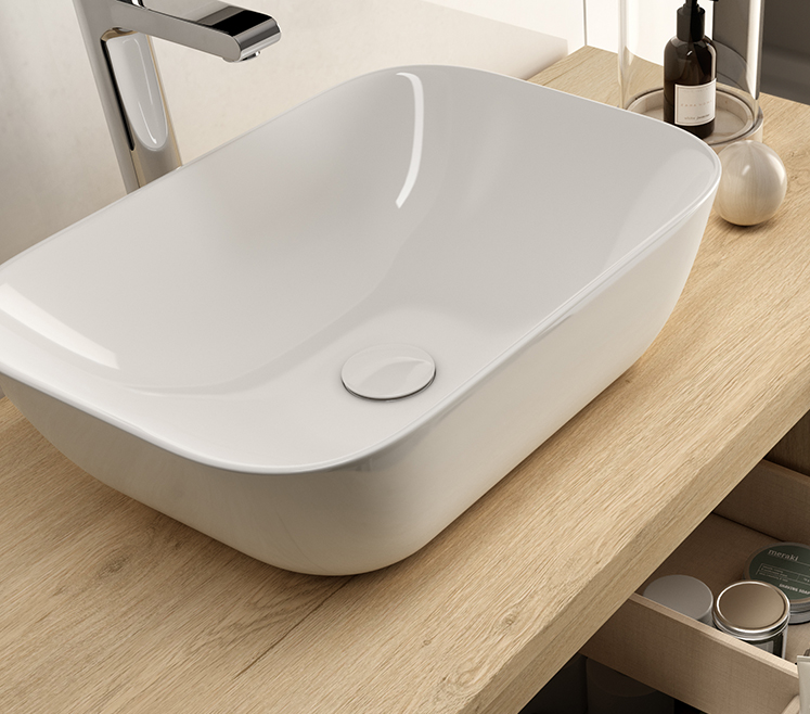 Meuble de salle de bain 2 tiroirs avec vasque à poser arrondie PENA et miroir Led STAM - Bambou (chêne clair) - 120cm - 7