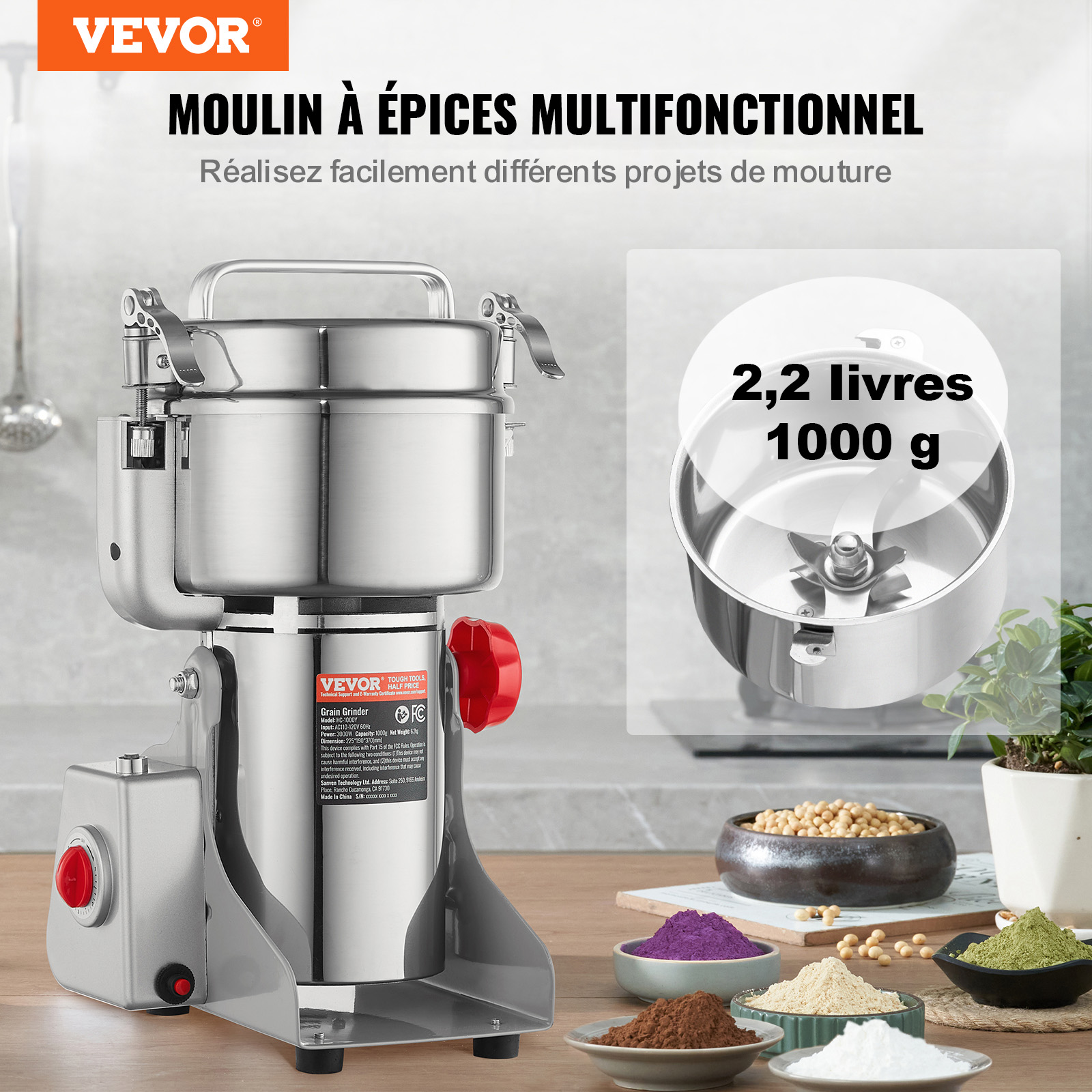 Moulin à épices électrique,VEVOR broyeur à grains commercial 3000 W,acier inoxydable,type vibrant,pour un broyage rapide des grains,du café - 2