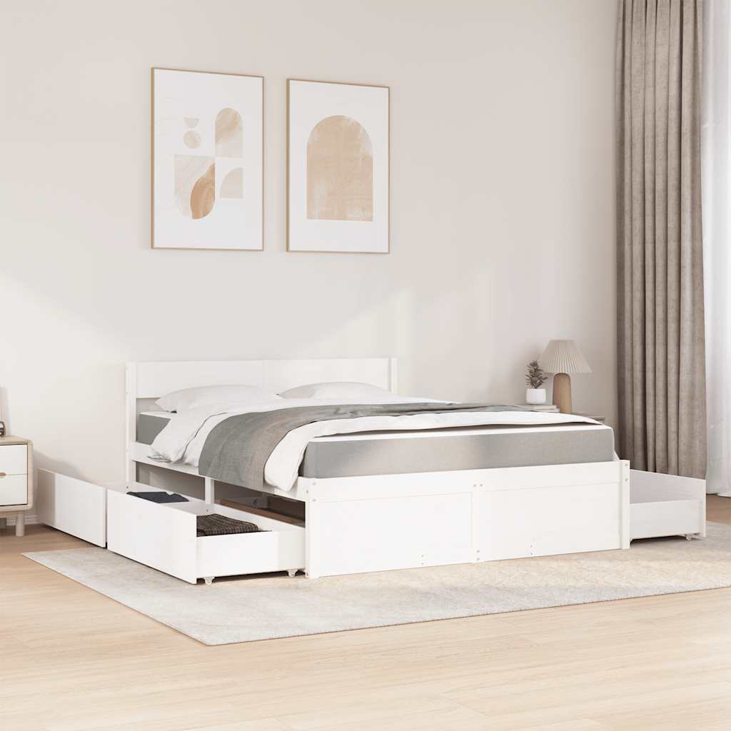 Lit avec tiroirs et matelas blanc 140 x 200 cm pin massif - 3