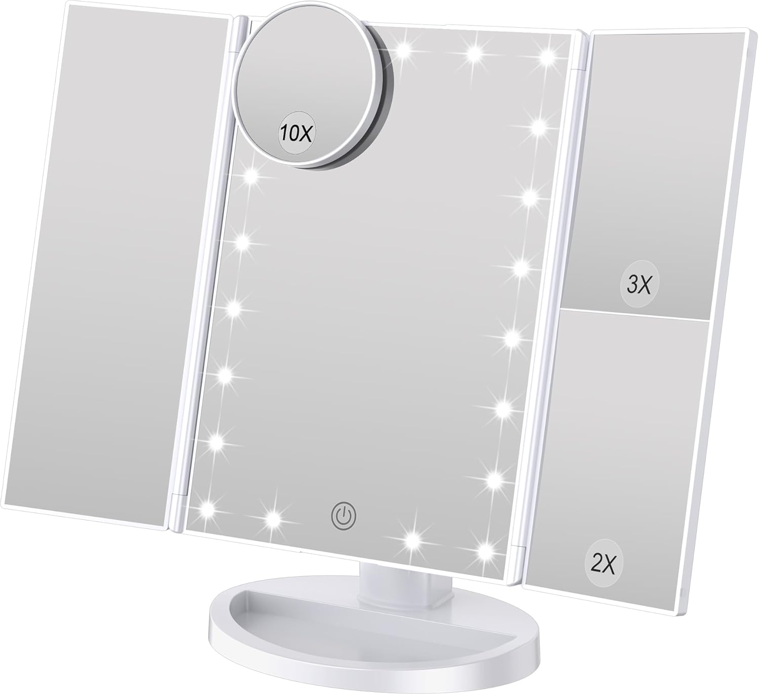 Lusterko do makijażu, 21 diod LED i powiększenie 1X/2X/3X, przełącznik dotykowy do regulacji jasności, podwójne zasilanie (białe)