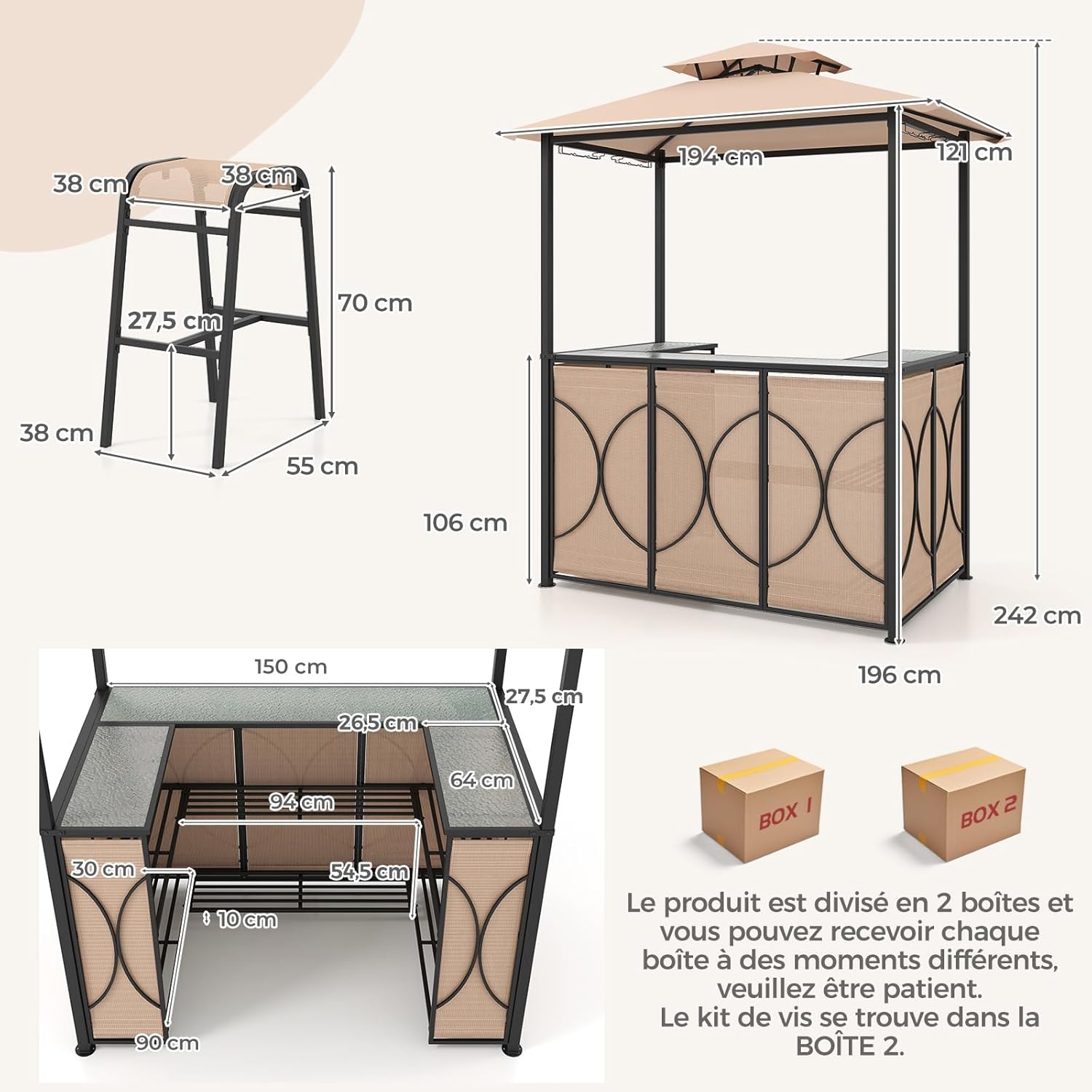 Set Bar da Patio a 3 Pezzi, Gazebo per Griglia e 2 Sgabelli da Bar con Tavolo in Vetro Temperato, Ripiani in Metallo, Portabicchieri, per Giar - 5