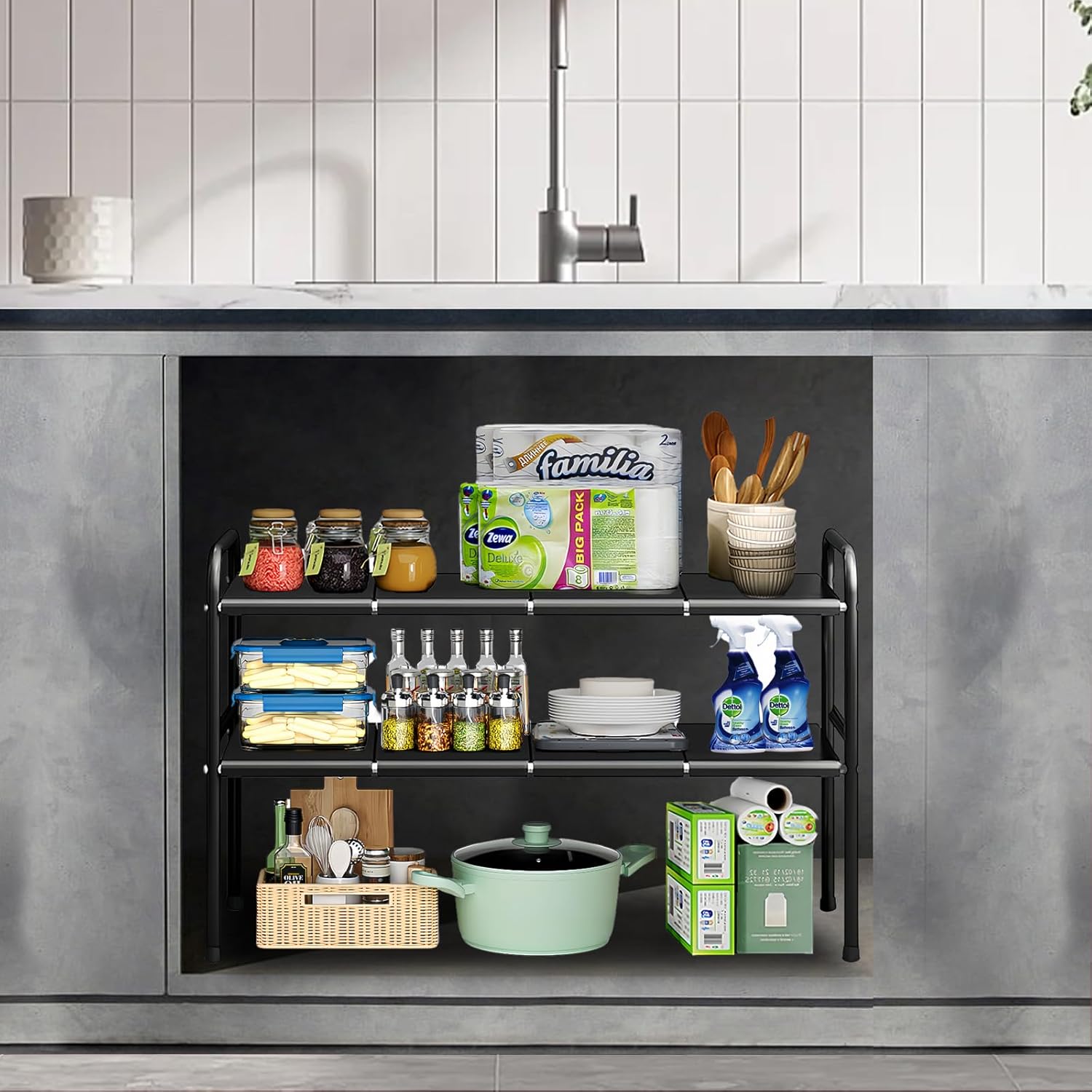 Étagère extensible sous évier, étagère de cuisine à 2 niveaux, étagère à chaussures avec 8 plaques amovibles, longueur/hauteur réglable - 9