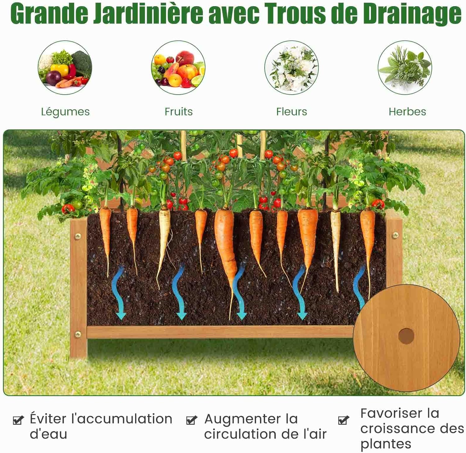 Jardinière avec Treillis en Bois de Sapin avec Trou de Drainage, 90 x 44,5 x 180 cm, Brun - 6