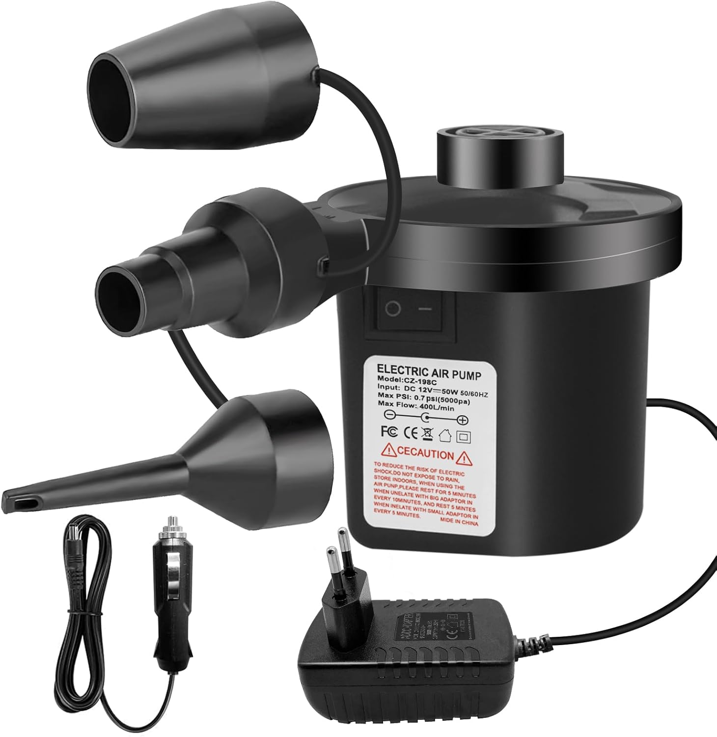 Pompe à air électrique 2 en 1 avec 3 buses d'air DC12V-AC110V-240V pour Pompe à air électrique 2 en 1 avec 3 buses d'air DC12V-AC110V-240V pour