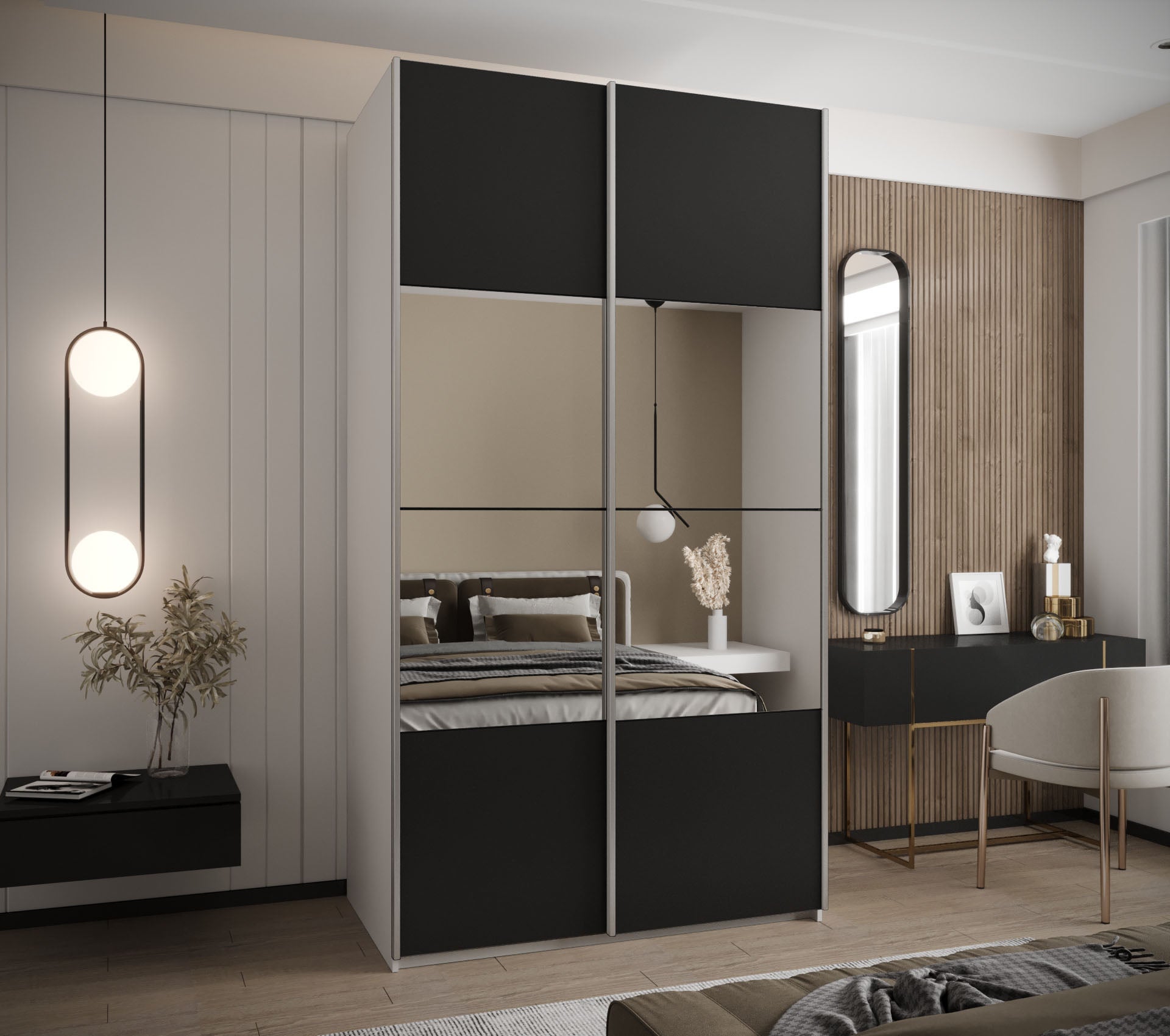 Szafa przesuwna wysoka Lux 4 140 x 64 x 245,5 cm biały + czarny + u. srebrny - Abiks Meble - 2