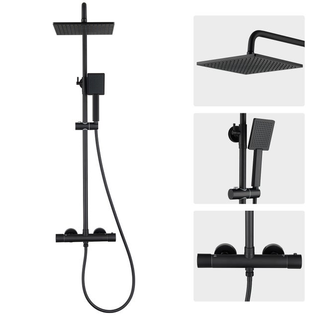 Colonna doccia termostatica con rubinetto antiscottatura,soffione doccia 25x25 cm,doccetta,asta doccia in acciaio inox,tubo doccia in PVC,nero.